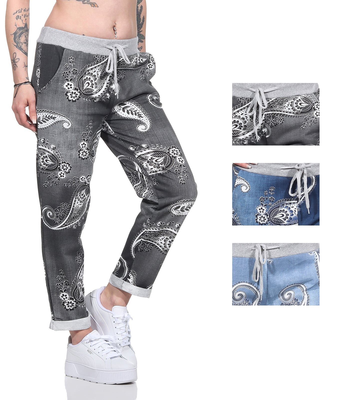 Aurela Damenmode Sweatpants Freizeithose leichte Damen Haushose in moderner Jeansoptik Größe 36-46, mit elastischem Bund und Schnürung