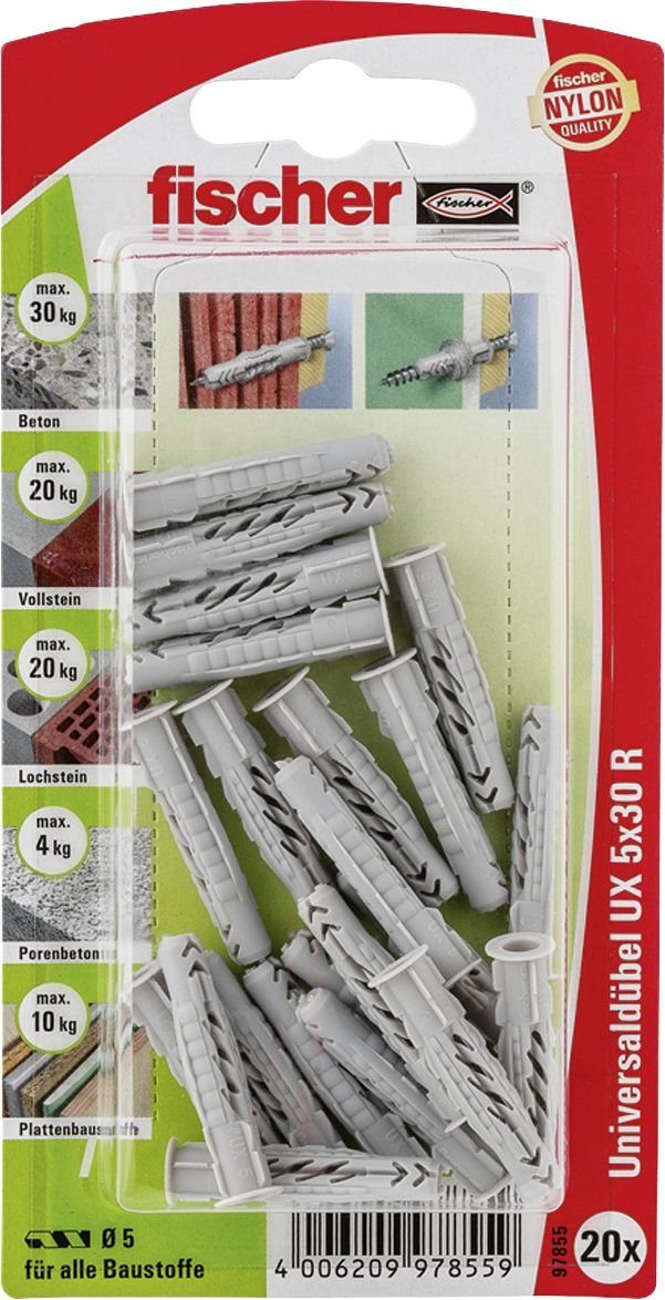 Fischer Befestigungstechnik fischer Schrauben- und Dübel-Set Fischer Universaldübel UX 5.0 x 30 mm - 20 Stück