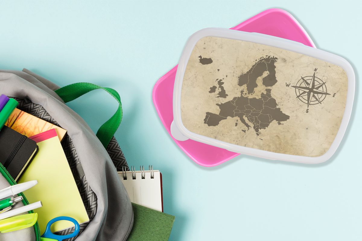 - Brotdose Brotbox Lunchbox Europa Kunststoff, Snackbox, - für MuchoWow rosa Kompass, Kinder, (2-tlg), Kunststoff Erwachsene, Mädchen, Karte
