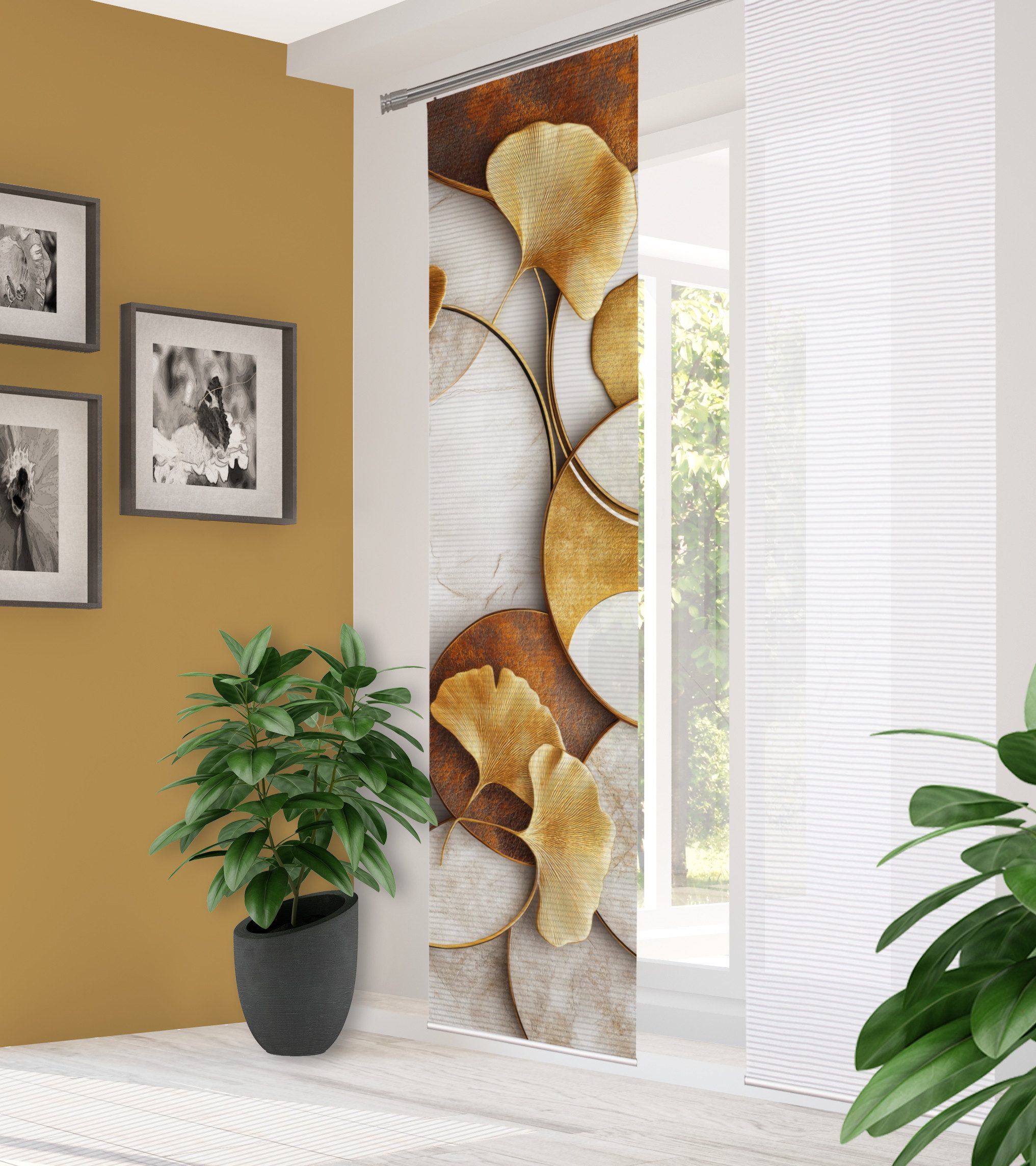 HOME WOHNIDEEN Schiebegardine HIG Schiebegardine STORM, recycelt, Ginkgomotiv auf Bambusoptik 245x60 (1 St), Paneelwagen, halbtransparent, 91% Polyester (recycelt), 9% Polyester