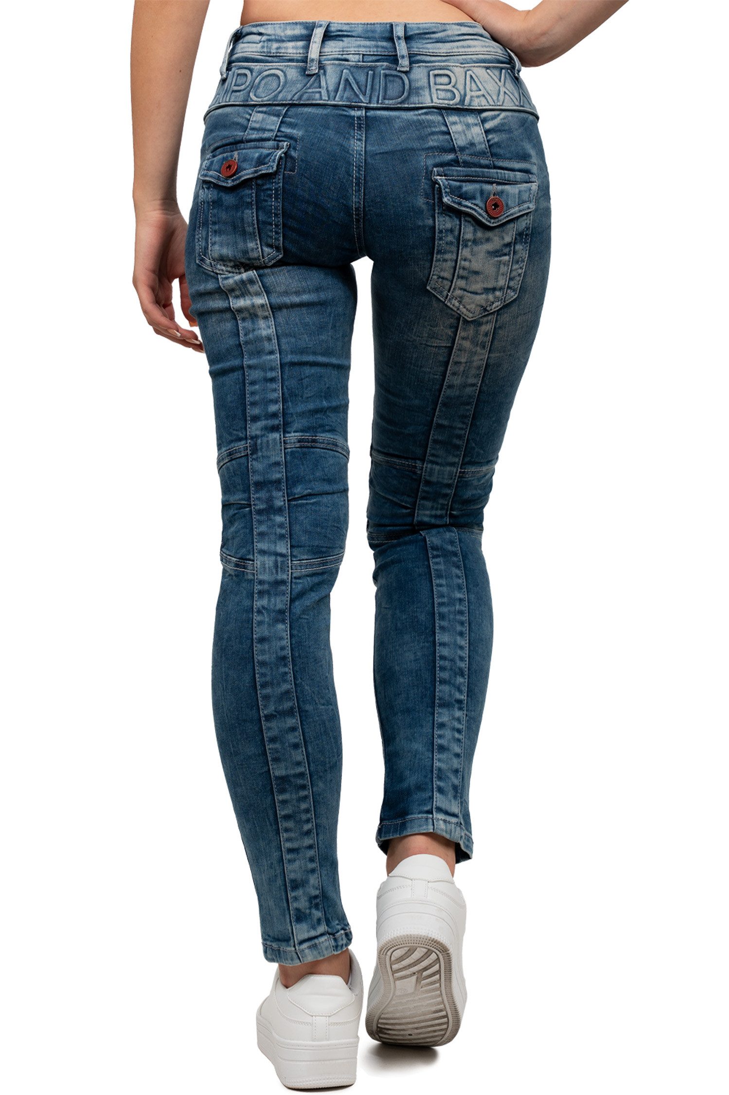 Cipo & Baxx Slim-fit-Jeans Damen Slim Fit Hose Stonewashed BA-WD358 mit modischen Ziernähten & Zier-Reißverschlüssen