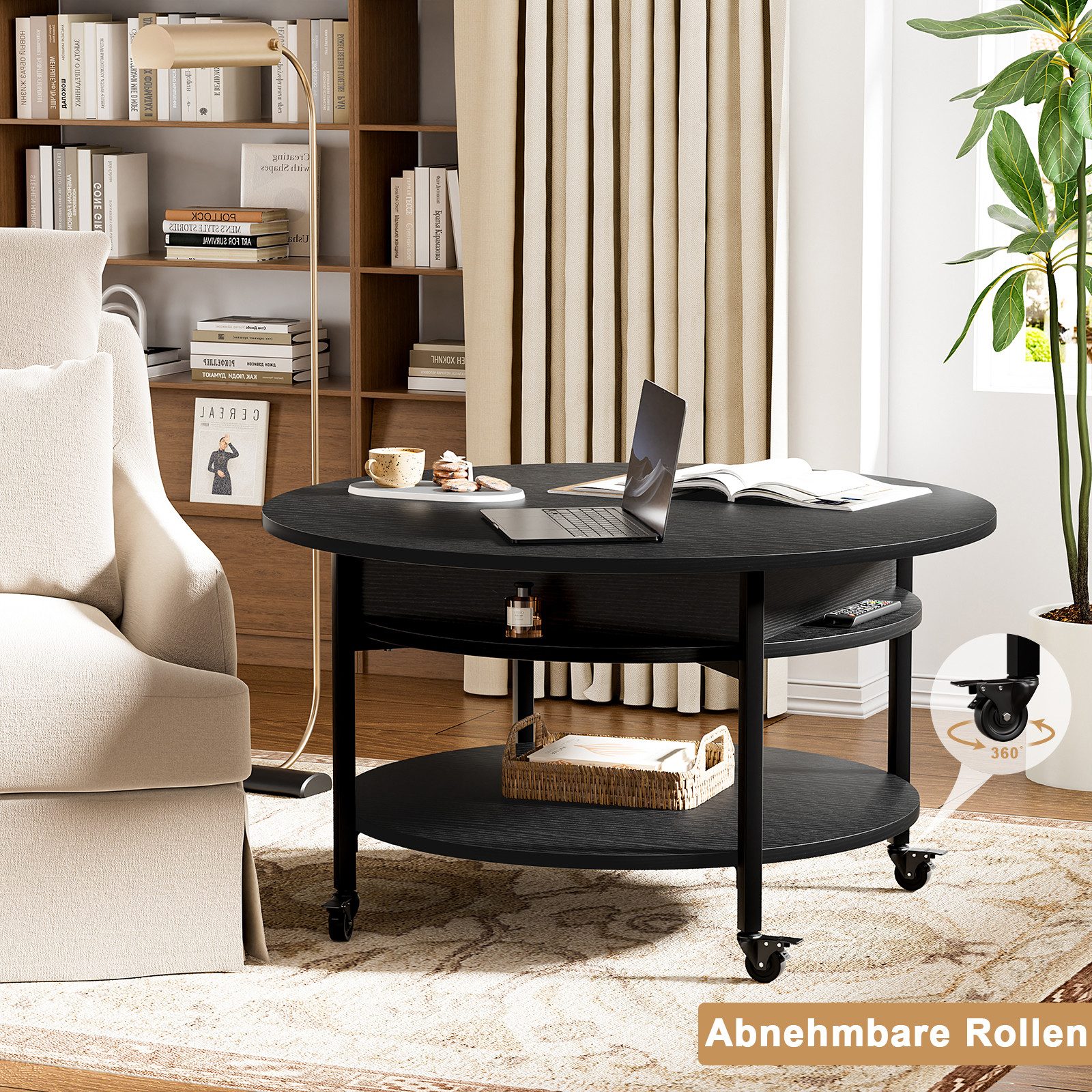 FABATO Couchtisch Runder Couchtisch mit Höhenverstellung, Rädern und Staufach (1-St), ideal für Wohnzimmer, in Schwarz