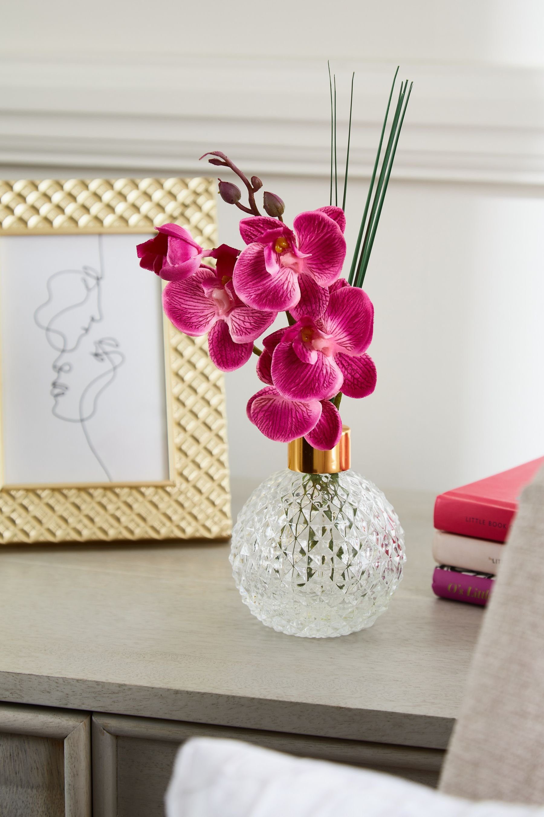 künstlicher Next Orchidee, Kunstblume mit Facetten-Glasvase