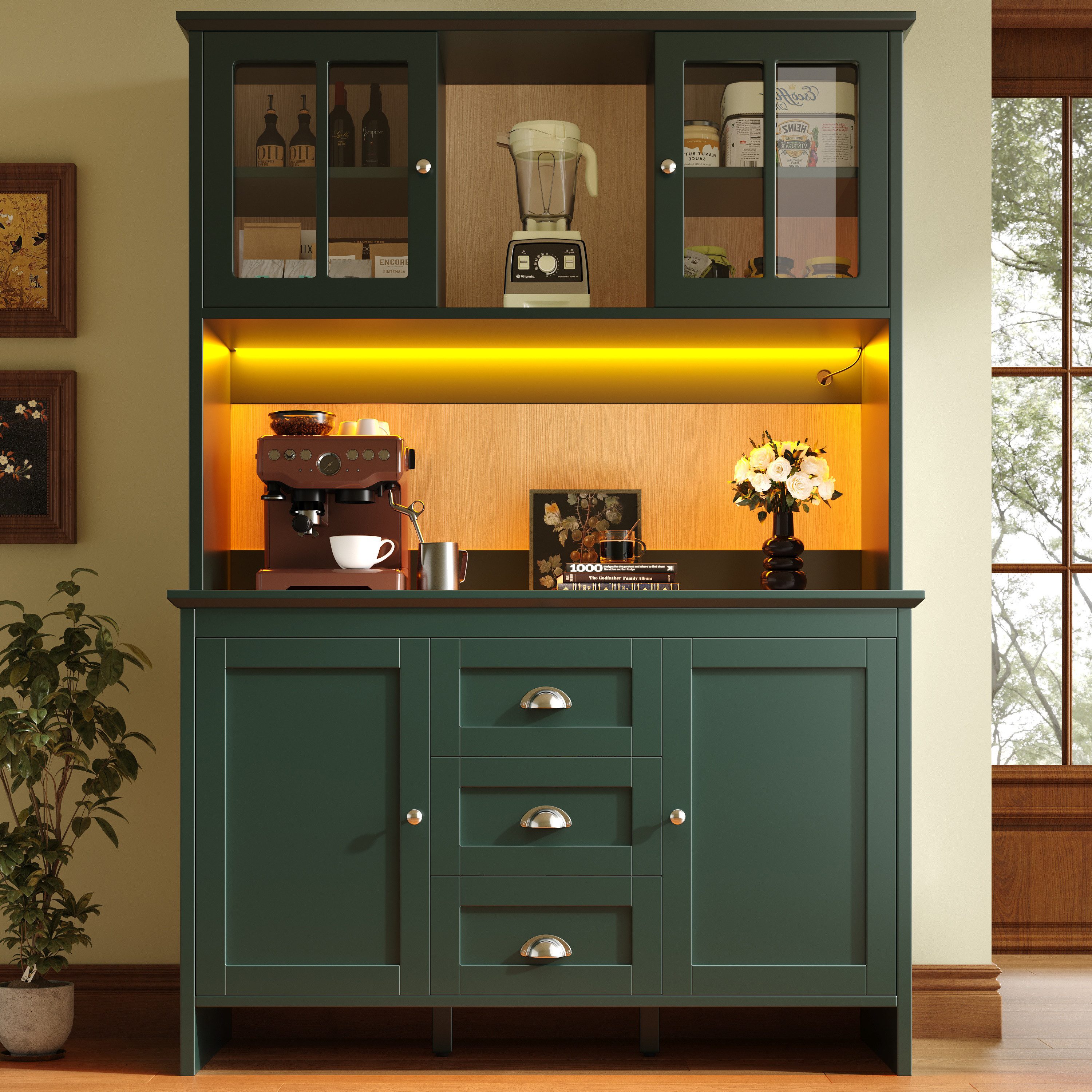 OKWISH Hochschrank Küchenbuffet,Kommode,Sideboard (mit LED-Beleuchtung und braunen Glastüren, Retro-Design, verstellbare Einlegeböden, verstellbare Füße, 1-St., 120 x 40 x 179 cm)
