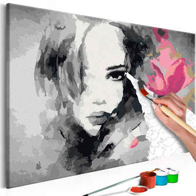 Artgeist Malen nach Zahlen Porträt in schwarz-weiß mit rosaroter Blume