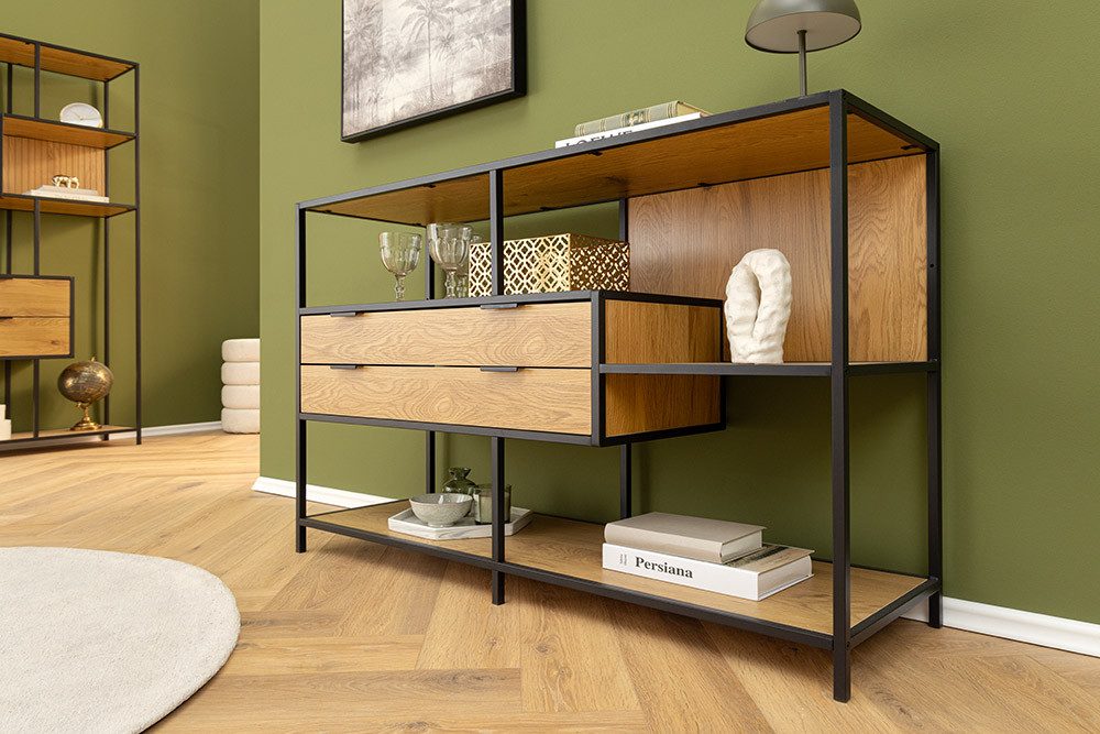 riess-ambiente Bücherregal SLIM LINE 115cm natur / schwarz · Raumteiler aus MDF und Metall, Einzelartikel 1-tlg., Mehrzweckregal fürs Wohnzimmer mit Schubladen · Industrial Design
