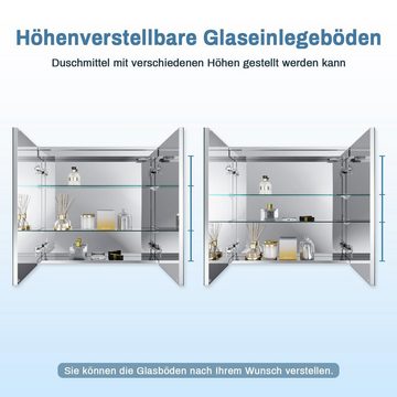 SONNI Badezimmerspiegelschrank Badezimmerspiegelschrank mit beleuchtung 70x65cm Bad Spiegelschrank Edelstahl, mit Steckdose Kippschalter Kabelloses Scharnier Design