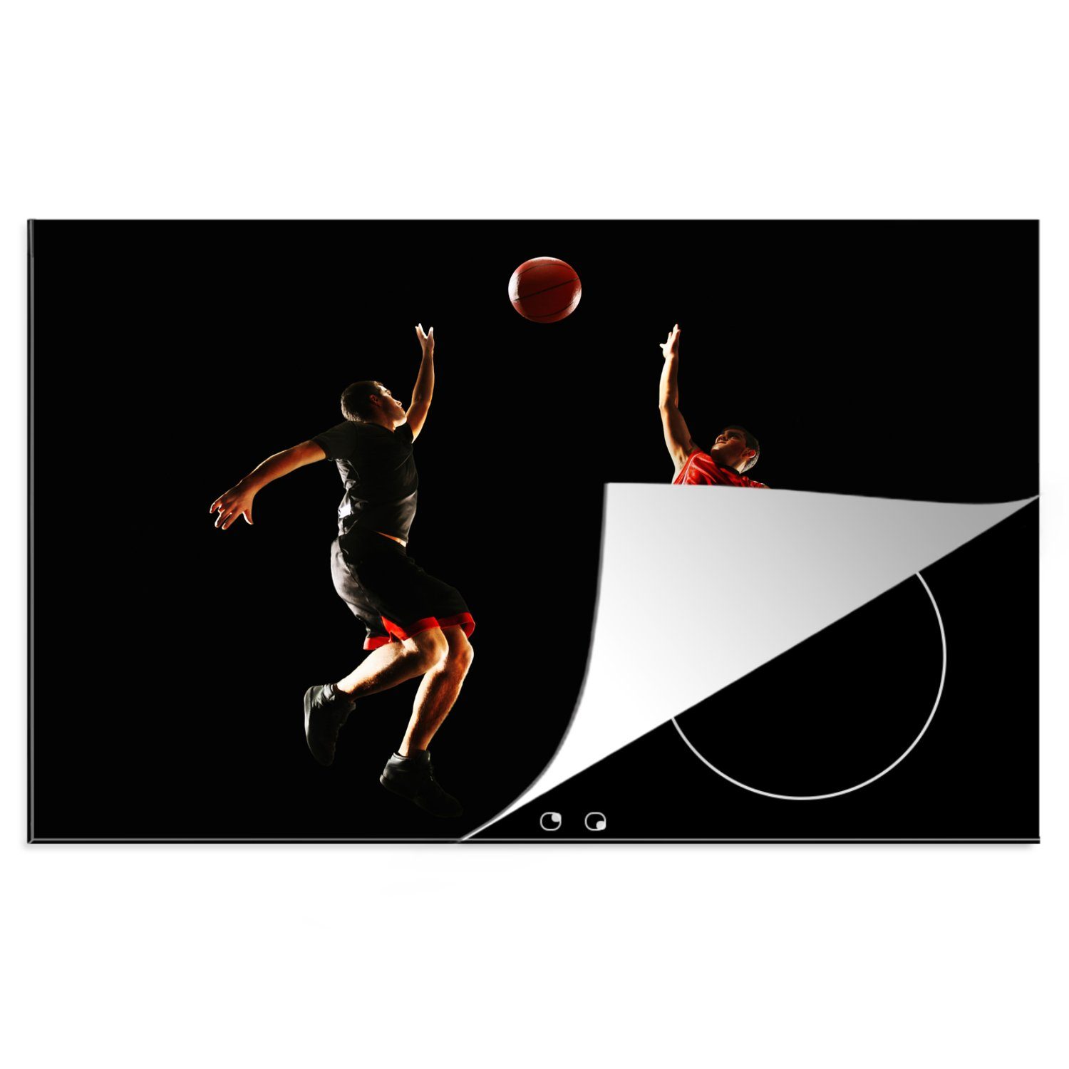 MuchoWow Herdblende-/Abdeckplatte Zwei Basketballspieler springen um den Ball, Vinyl, (1 tlg), 81x52 cm, Induktionskochfeld Schutz für die küche, Ceranfeldabdeckung