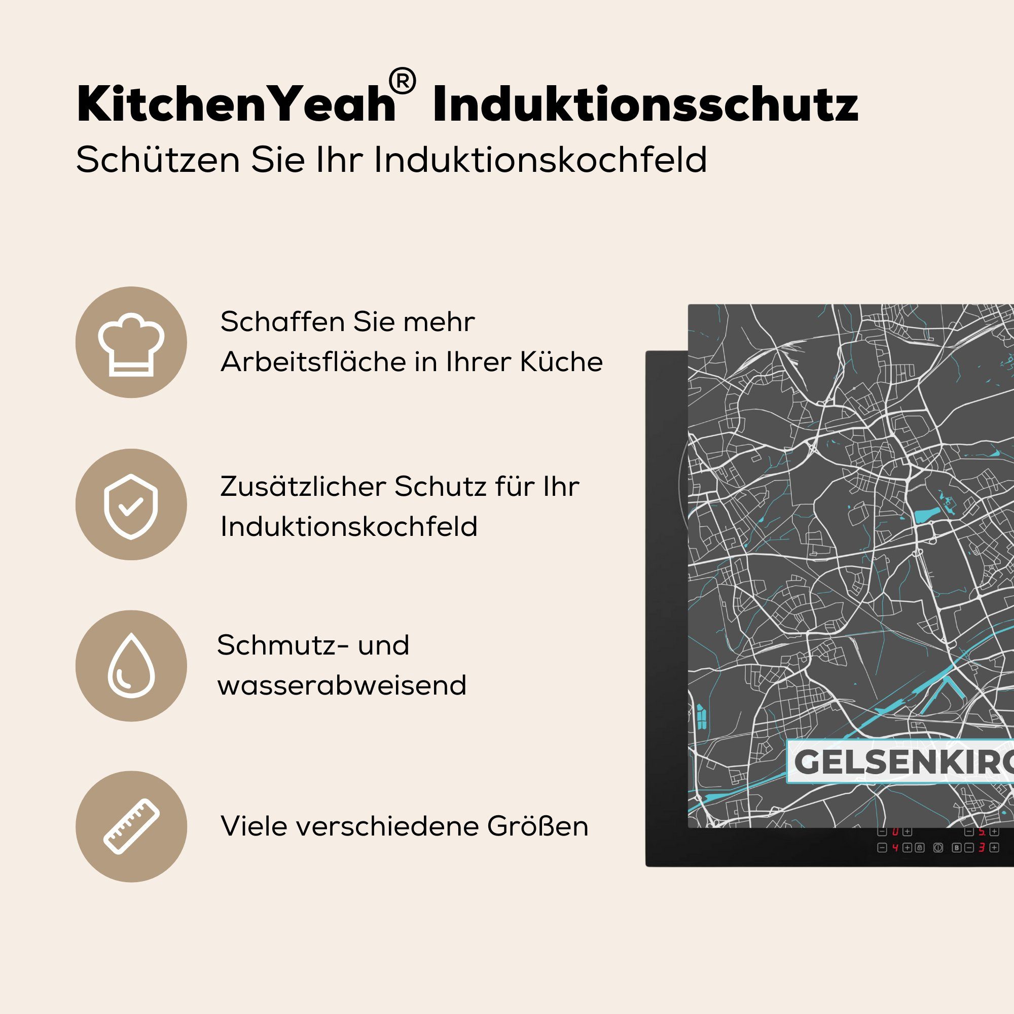 Vinyl, Deutschland Arbeitsplatte - küche 78x78 - tlg), Gelsenkirchen MuchoWow Herdblende-/Abdeckplatte - Stadtplan für Karte, (1 Ceranfeldabdeckung, cm,