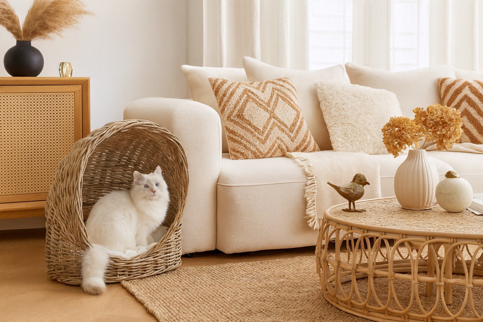 moebel-direkt-online Katzenliege Tierbett, Katzenkorb handgeflochten, Stoffbezug, 100% Polyester, handgeflochten