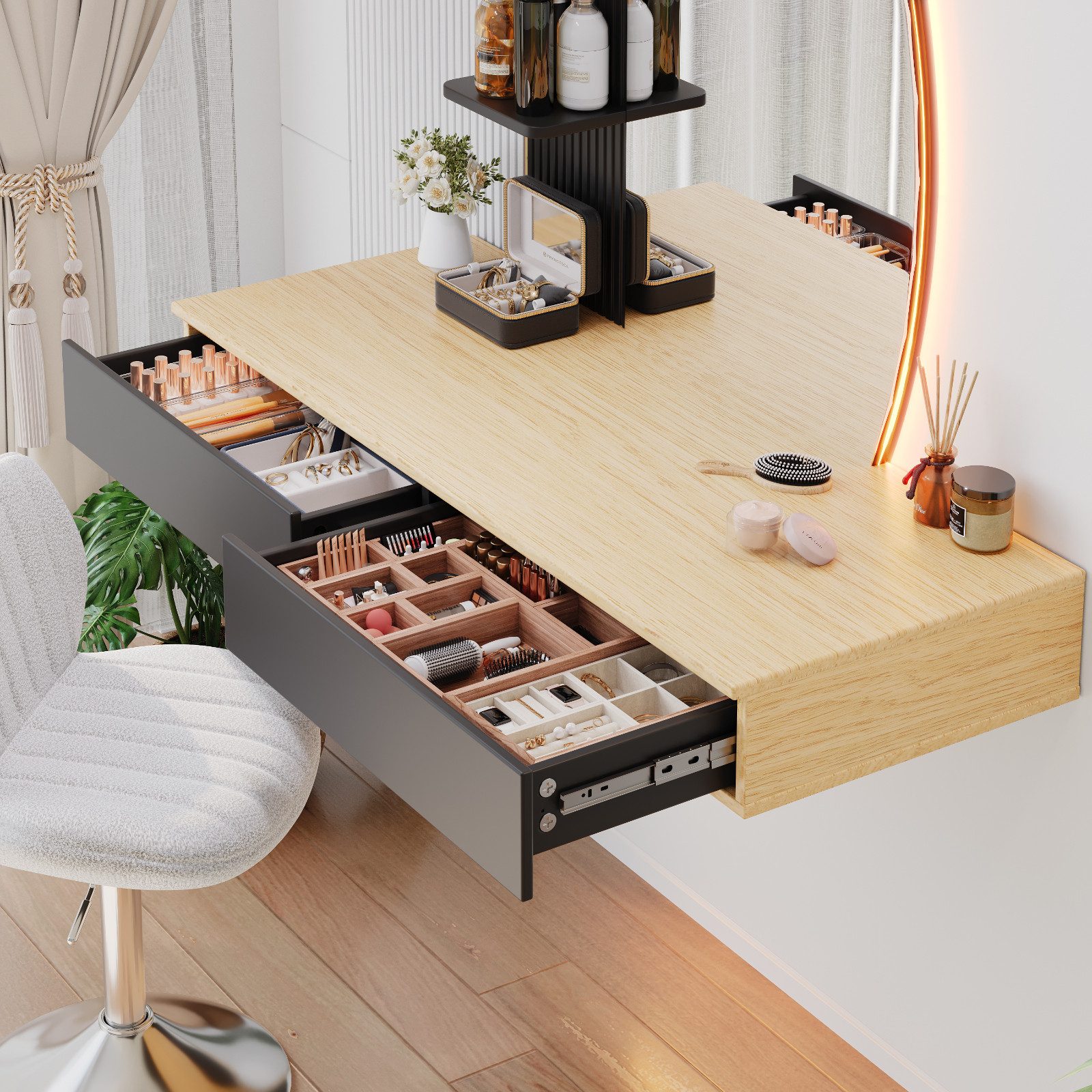 HOMALL Schminktisch Hängender Schminktisch mit LED-Beleuchtung (Maße: 106 × 40 × 143 cm, mit 3 offenen Ablagefächern, 2 Schubladen und drei einstellbaren Farbte – Bild 5 von 5