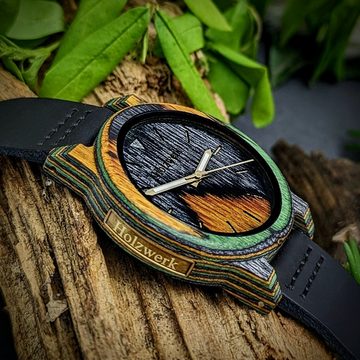 Holzwerk Quarzuhr WISSMAR Damen & Herren Holz & Leder Tarn Armband Uhr, grün, schwarz