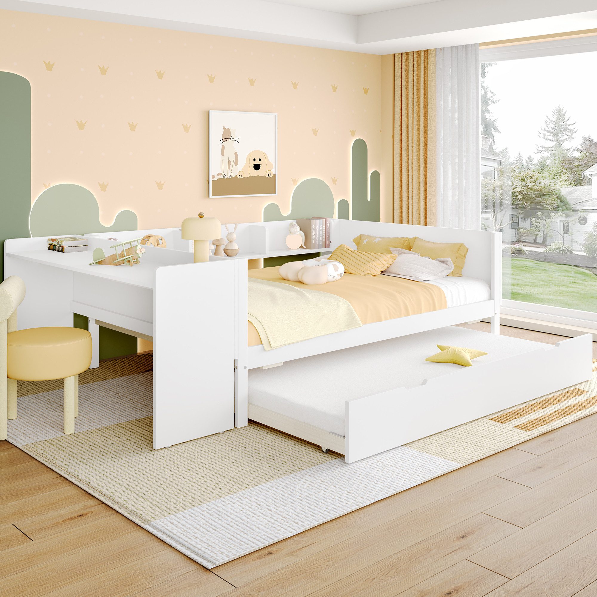 Odikalo Ausziehbett Daybett Flachbett Rollbett Schreibtisch Regalen Rosa/Weiss 140x200cm