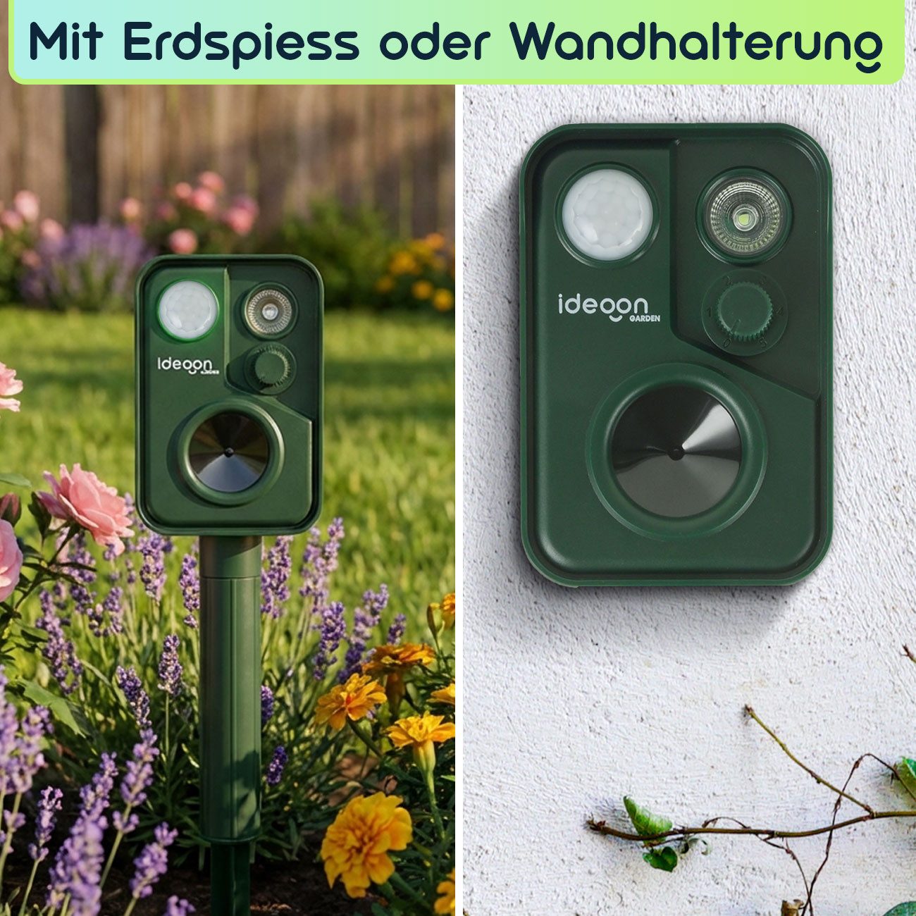 shop'n smile ideoon Wasserstrahl-Tiervertreiber Zuverlässiger Solar-Tierschreck gegen Marder, Vögel, 2-tlg., mit PIR-Sensor & LED Blitzlicht - 13,5-45,5 Hz – Bild 5 von 5