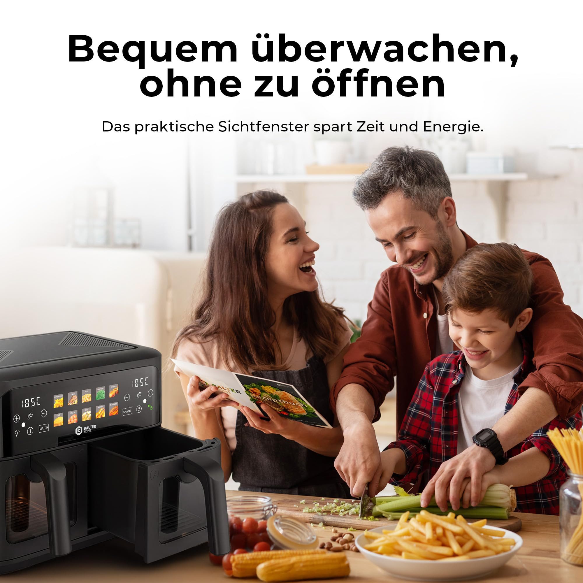 Balter Heißluftfritteuse, 2400 W, 2 Kammern mit Sichtfenster - 2400W Airfryer XXL Doppelkammer