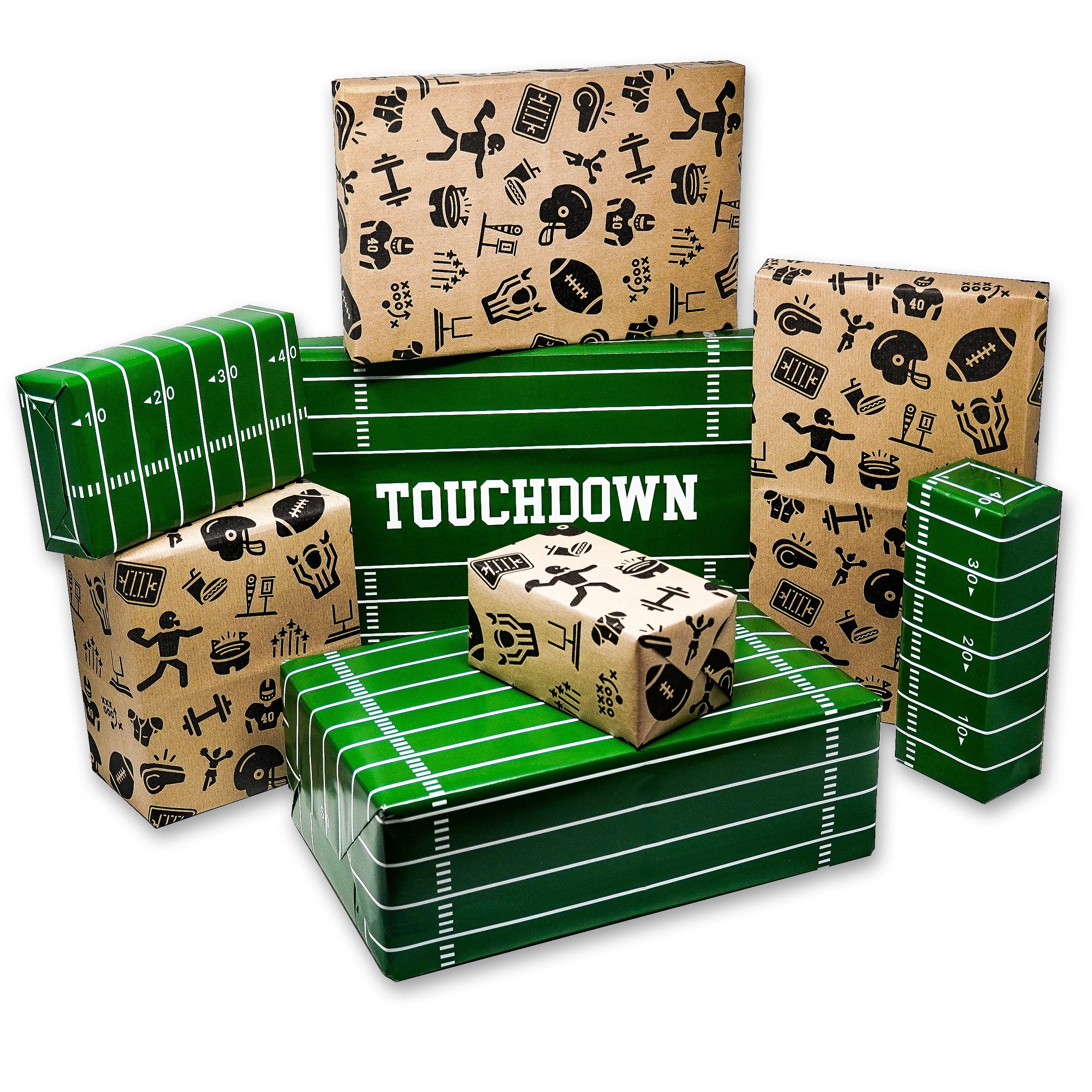 40YARDS Geschenkpapier American Football Geschenkpapier, 8 Bögen á 70 x 50 cm (4x Spielfeld Muster & 4x Football Icons Muster)