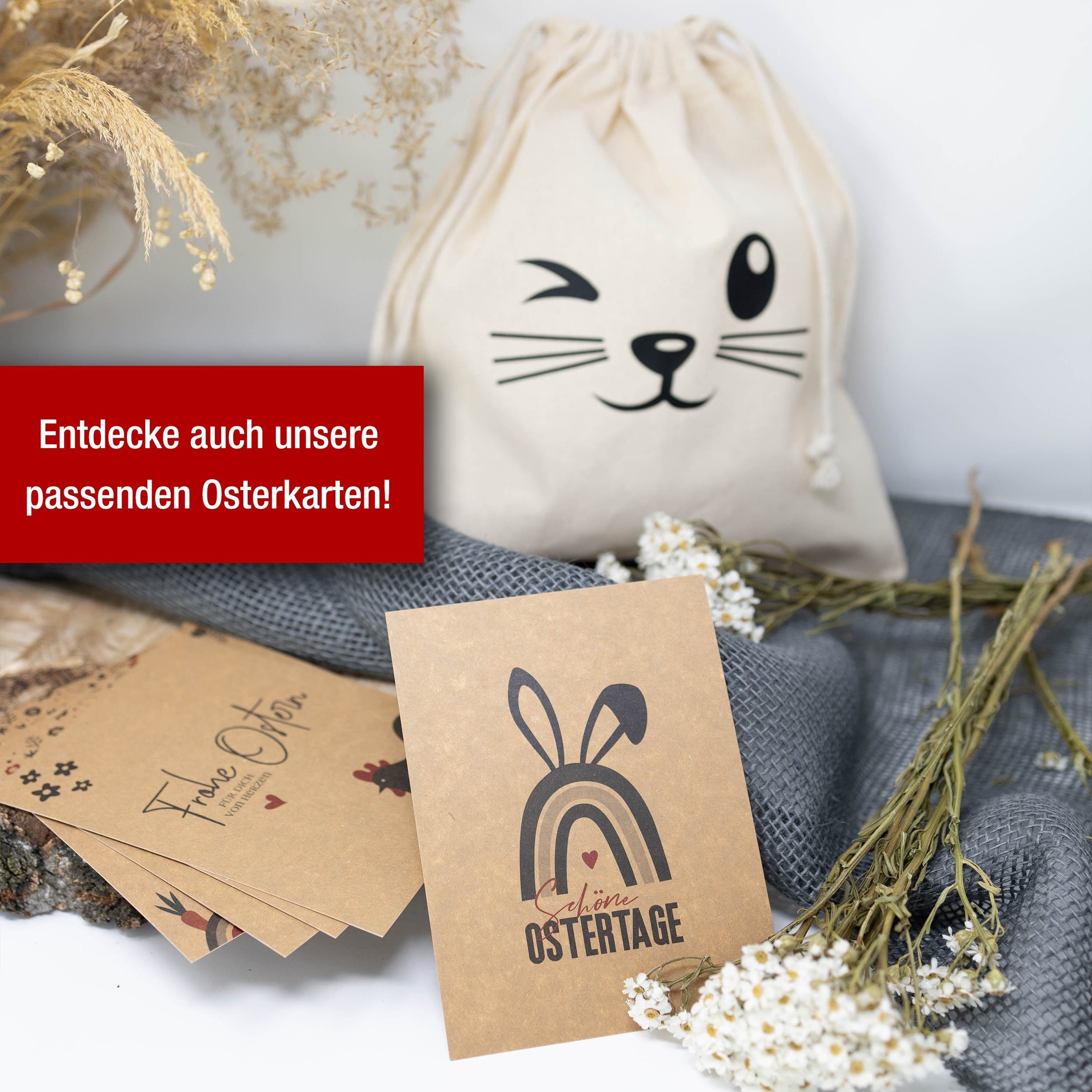 TOBJA Osternest Oster- Baumwollbeutel-Set mit süßen Hasenmotiven, Geschenksäckchen 25x30cm Osterhasen Ostergeschenk