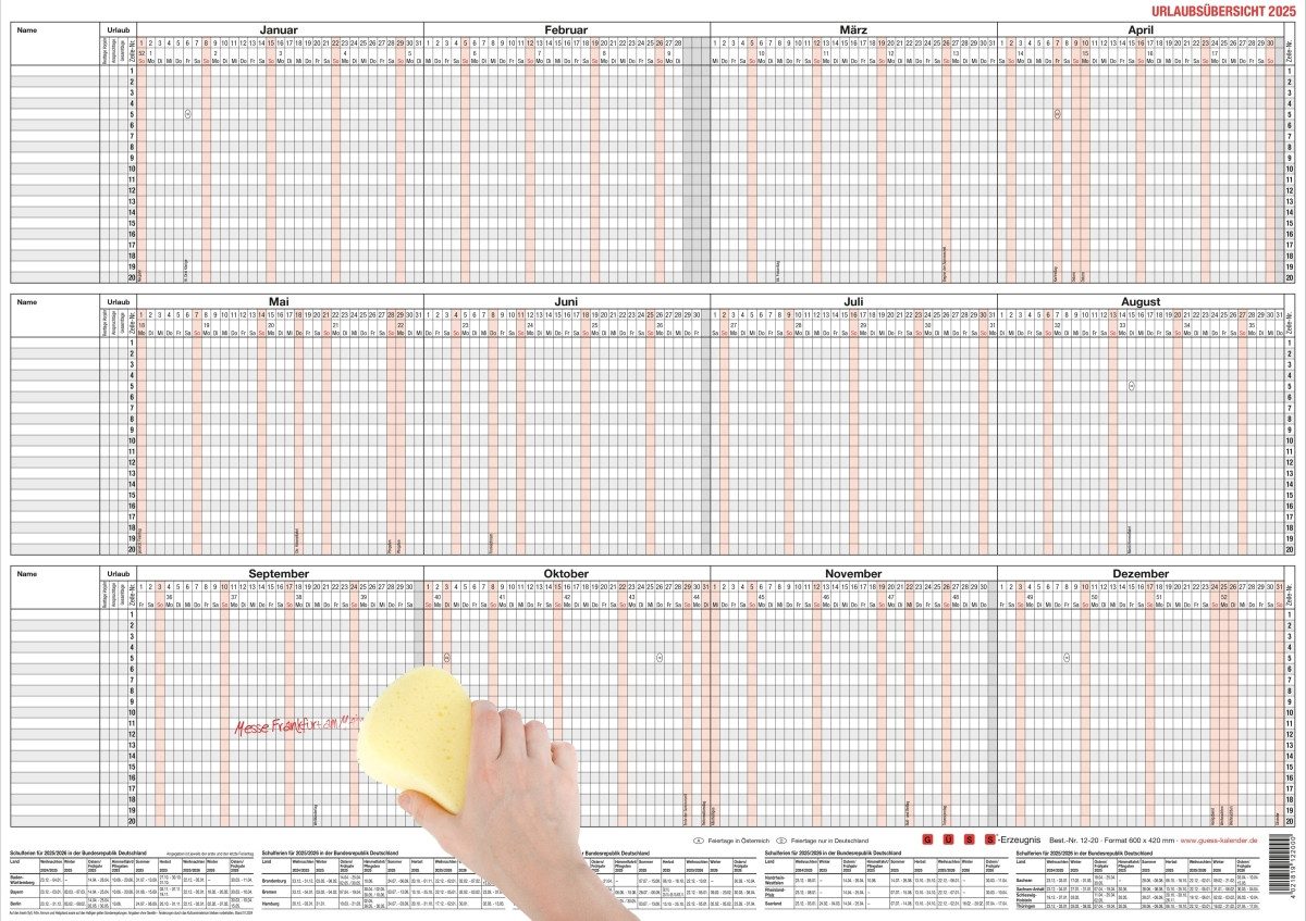 GÜSS Kalender Jahresplaner Urlaubsübersicht 60x42cm 20 Mitarbeiter mit Beschichtung 2026
