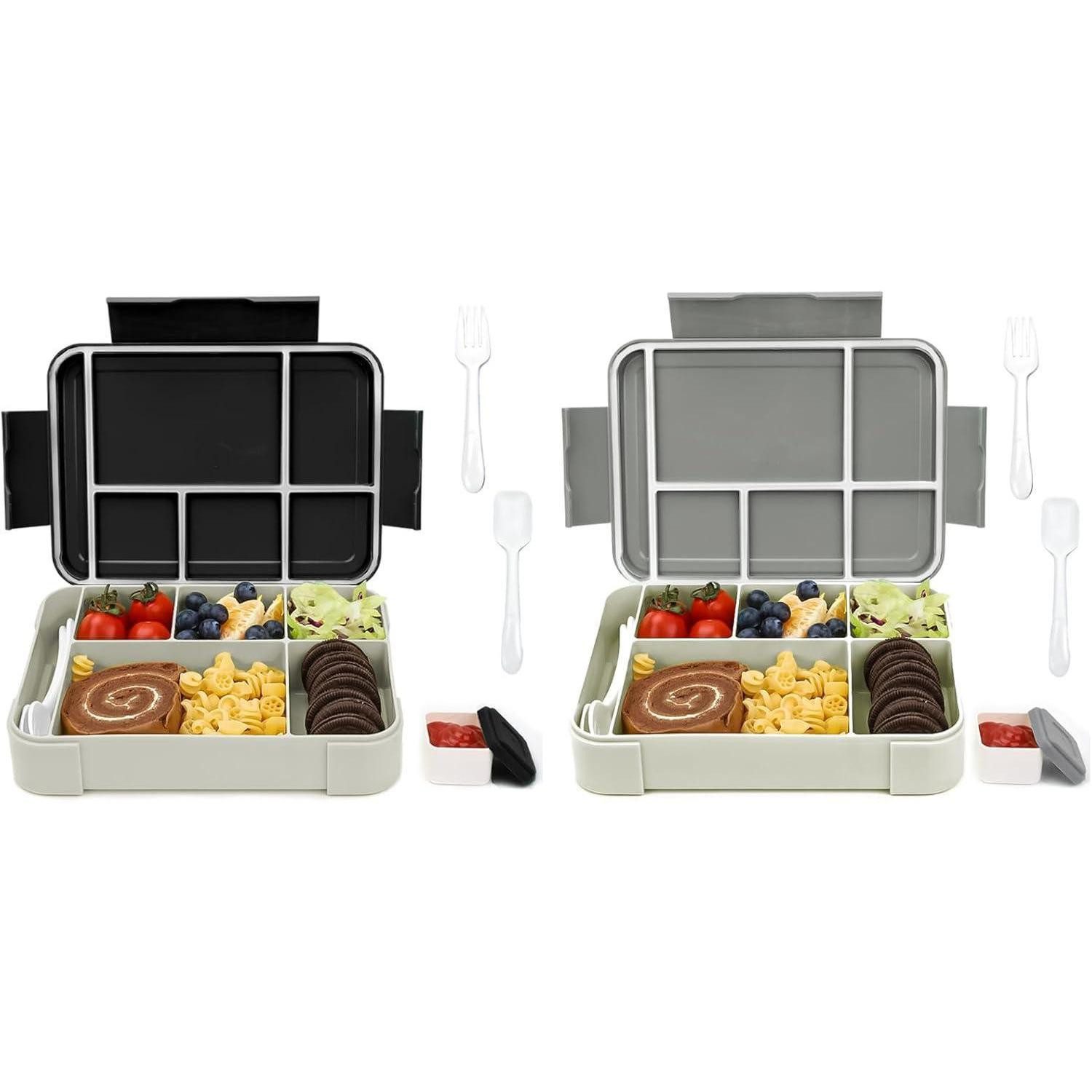 LuxusKollektion Lunchbox Brotdose Kinder Bento 1330ml 6 Fächer Auslaufsicher 2set-schwarz Grau, Kunststoff