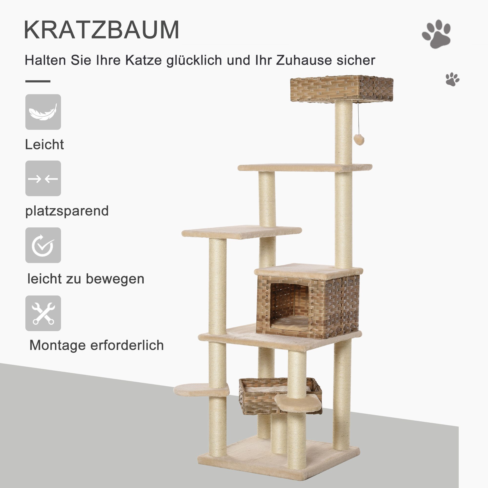 PawHut Kratzbaum Rattan mit Katzenhöhle Mehrstufiger Katzenbaum E1 MDF Sisal, 55L x 55B x 174H cm – Bild 4 von 5