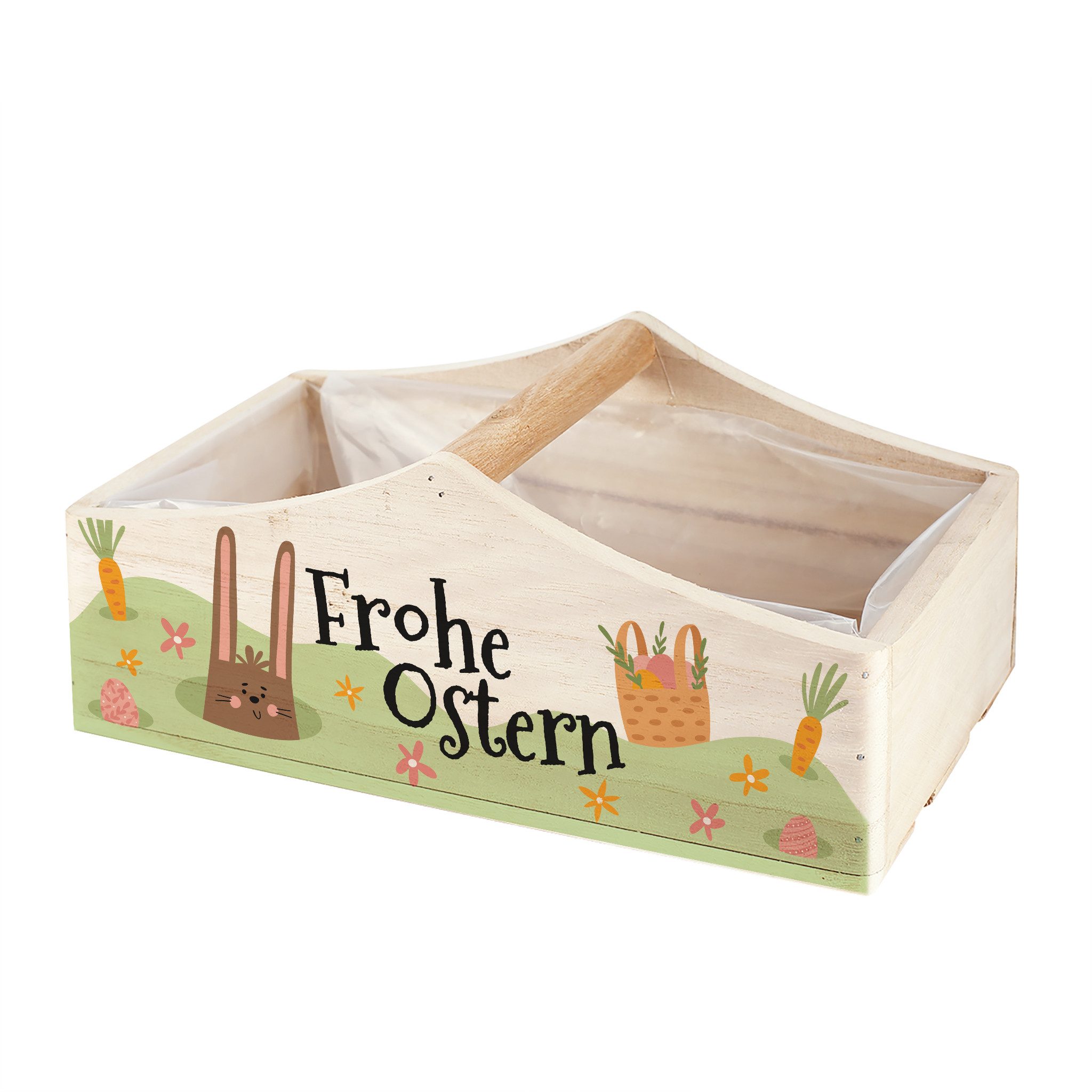 Herz & Heim Geschenkbox zu Ostern - Pflanzkorb aus Holz als Osterkorb für Ostergeschenke, 1 Griff, mit Folie ausgekleidet