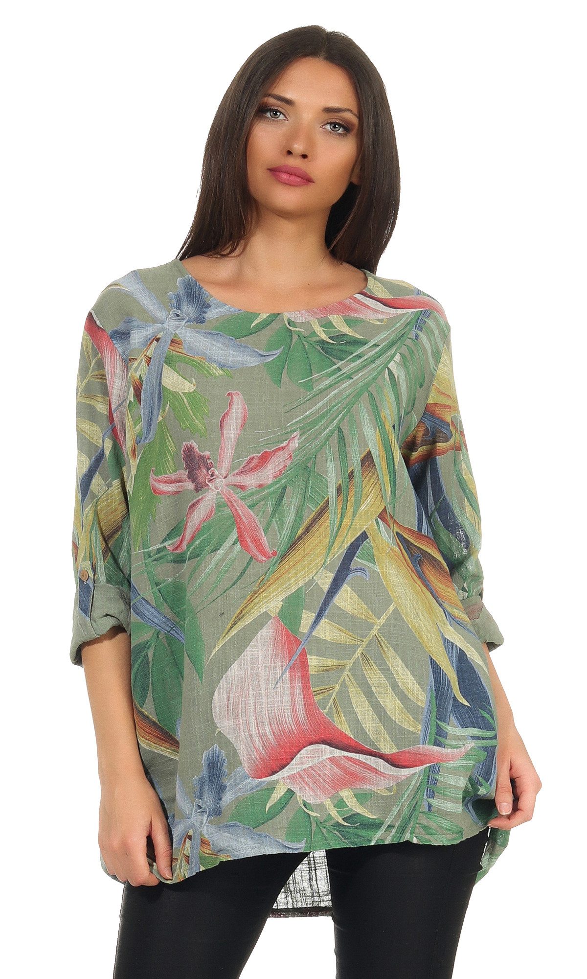 3/4-Arm-Shirt Damen-Bluse 100 % Baumwolle mit tropischem Print