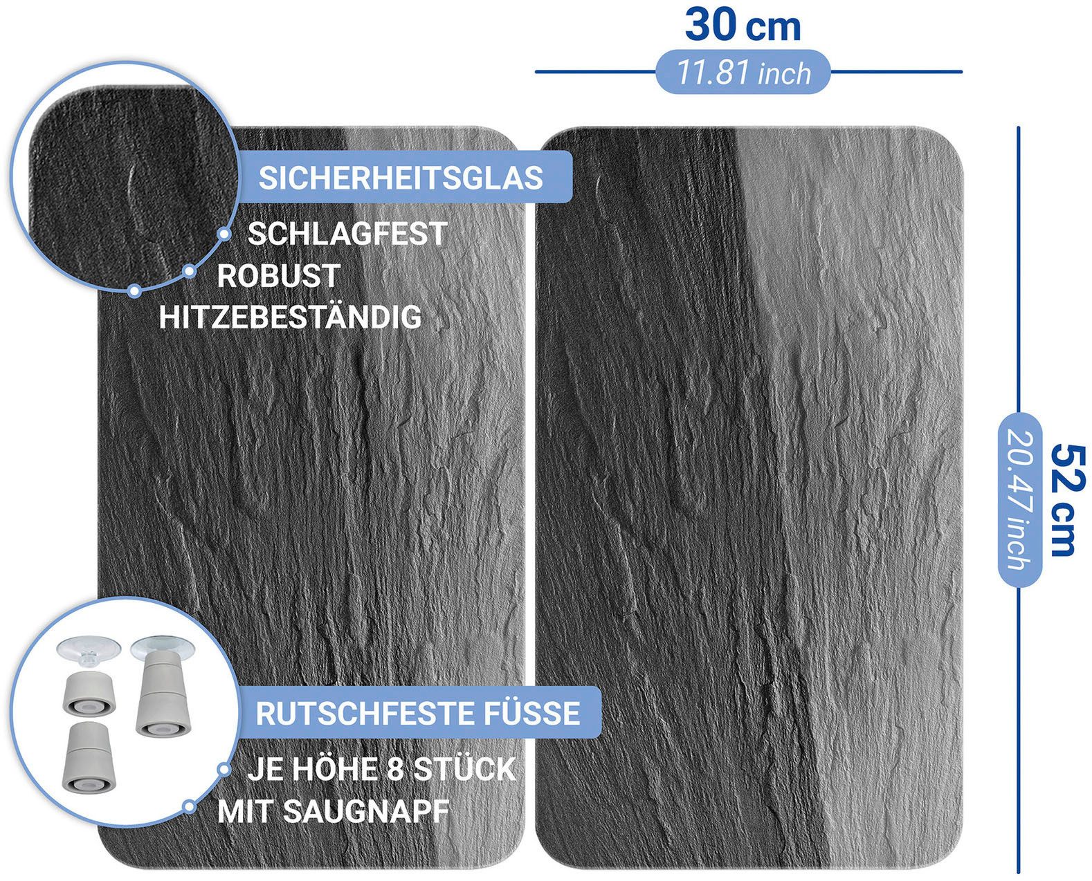 WENKO Herdblende-/Abdeckplatte Universal Modell Schiefer, Glas, (Set, 2 tlg), Herdabdeckung für alle Herdarten, kratzfest, mit rutschfesten Füßen