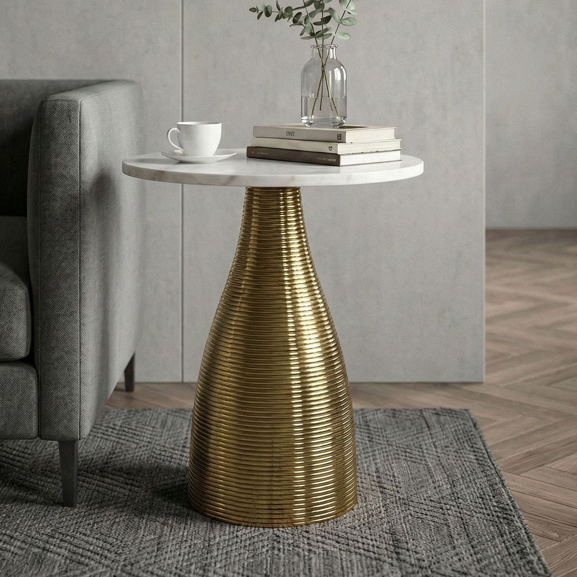 Wohnling Beistelltisch WL7.513 Wohnzimmertisch Rund Marmorplatte Weiß Anstelltisch Couchtisch (Skulpturale Metallbasis mit feiner Struktur), Eleganter Naturstein für Dein Zuhause