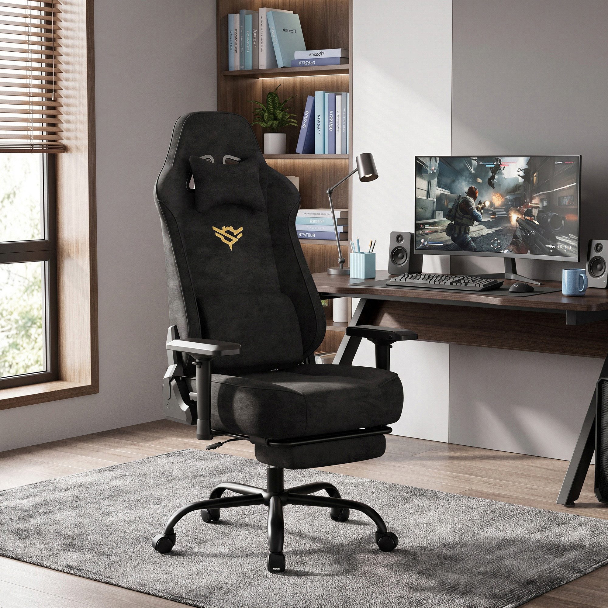 SONGMICS Bürostuhl Gaming Stuhl aus Wildlederimitat mit Fußstütze und 4D-Armlehnen, bis 200 kg, 72 x 72 x (125-135) cm