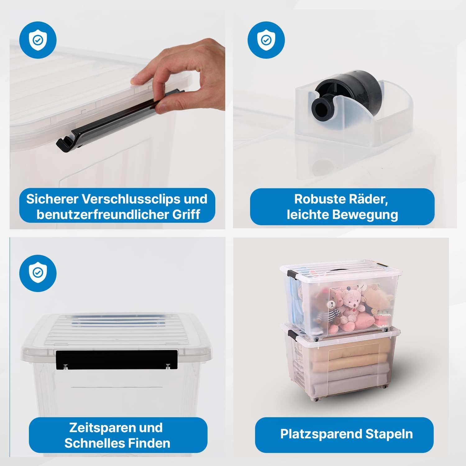 2mGoods Aufbewahrungsbox große Plastikboxen mit Deckel (6er Set 6L/4er Set 16L,40L,60L,70L, inkl. Rollen, stapelbar, BPA-frei), transparente Kunststoffboxen für Keller, Wohnung, Werkstatt & Umzug