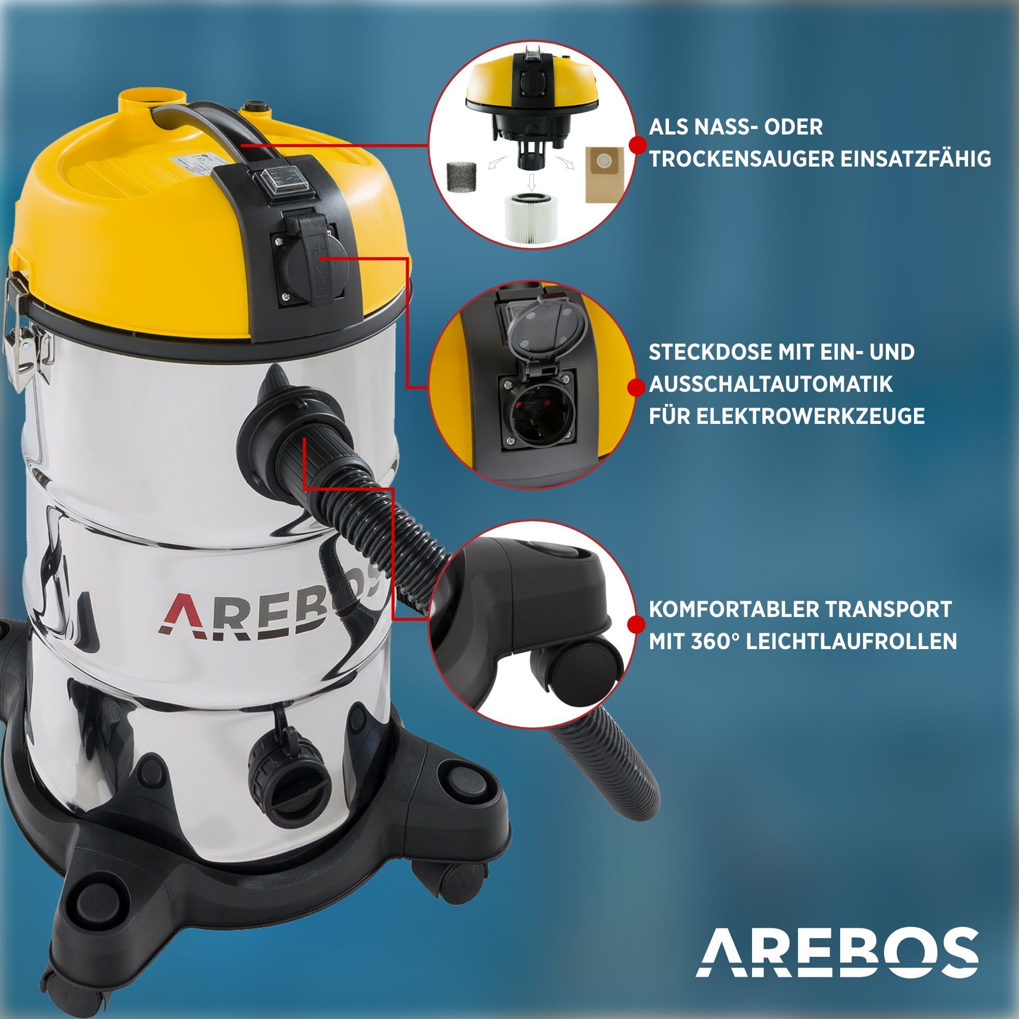 Arebos Industriesauger 5in1, Nass-& Entleerung sowie 1300 W, 30 Beutel Filter Trockensauger, für Wassersauger als gelb mit Trockensauger 1300W, und schnelle Verwendbar Wasserablass als beutelloser mit L, praktischem