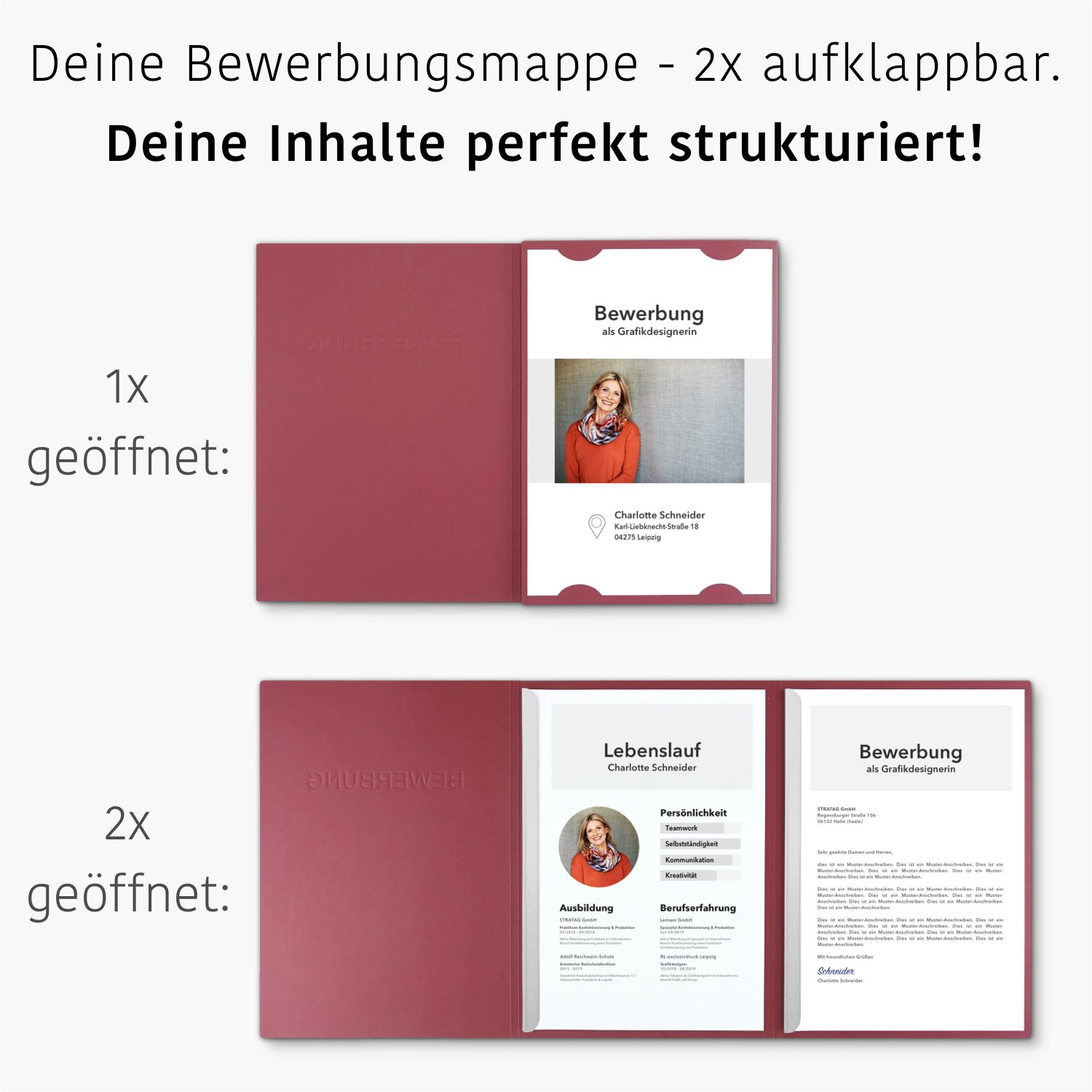 STRATAG Bewerbungsmappe in feinster Lederstruktur - 3 Stück 3-teilig mit 2 Klemmschienen (Set, 3-St., mit hochwertiger Relief-Prägung BEWERBUNG), direkt vom Hersteller STRATAG - handgefertigt in Deutschland