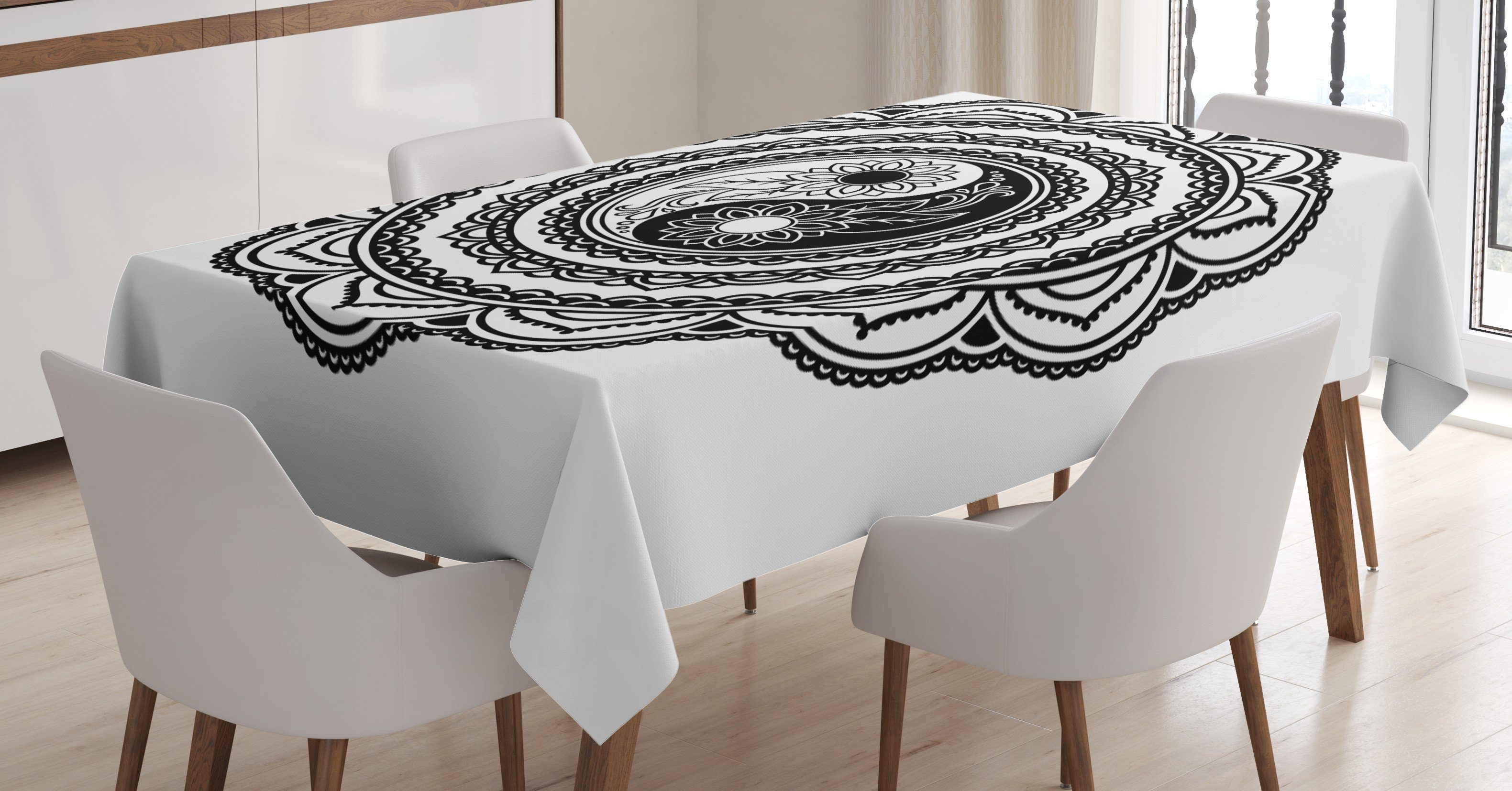 Abakuhaus Tischdecke Farbfest Waschbar Für den Außen Bereich geeignet Klare Farben, Schwarz und weiß Folk Mandala