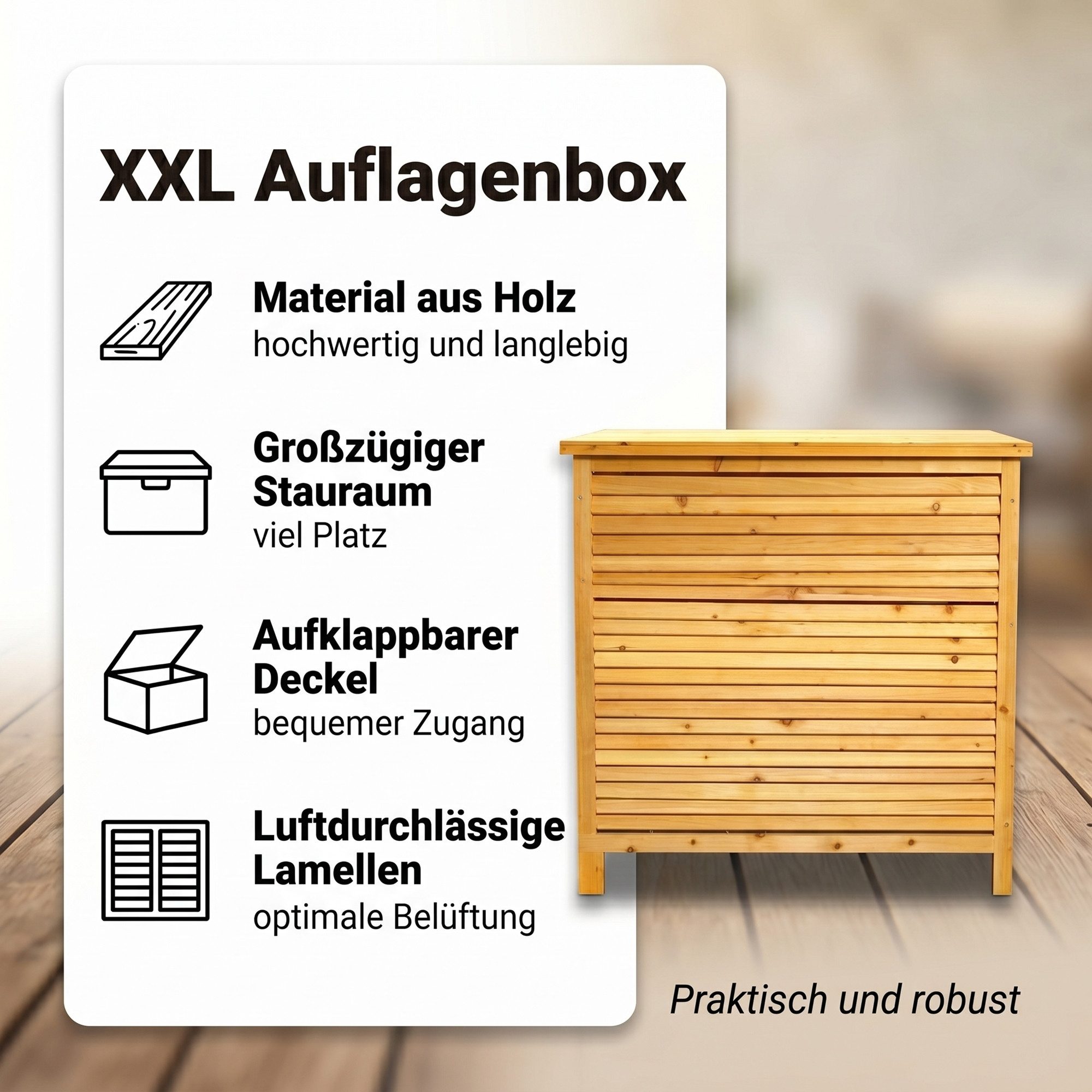 Mucola Auflagenbox Auflagenbox 170CM Kissenbox Holz Gartenbox Gartentruhe Holztruhe (Stück, 1 St., Box), Rostfrei