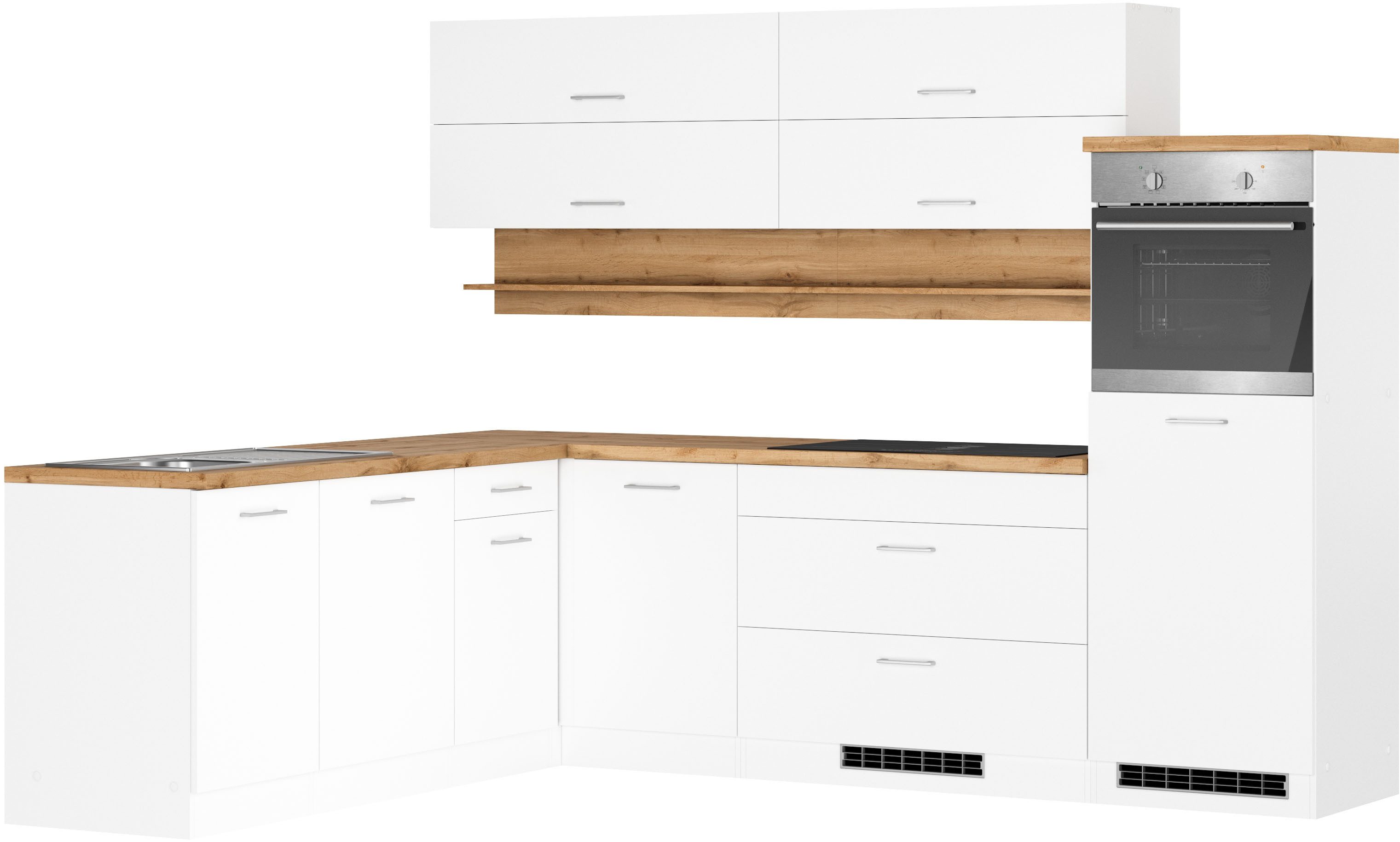 KOCHSTATION Winkelküche KS-Milan, optional mit Muldenlüfter, Stellbr.270/220 cm, wahlweise mit E-Geräten, Kochfeld mit Dunstabzug