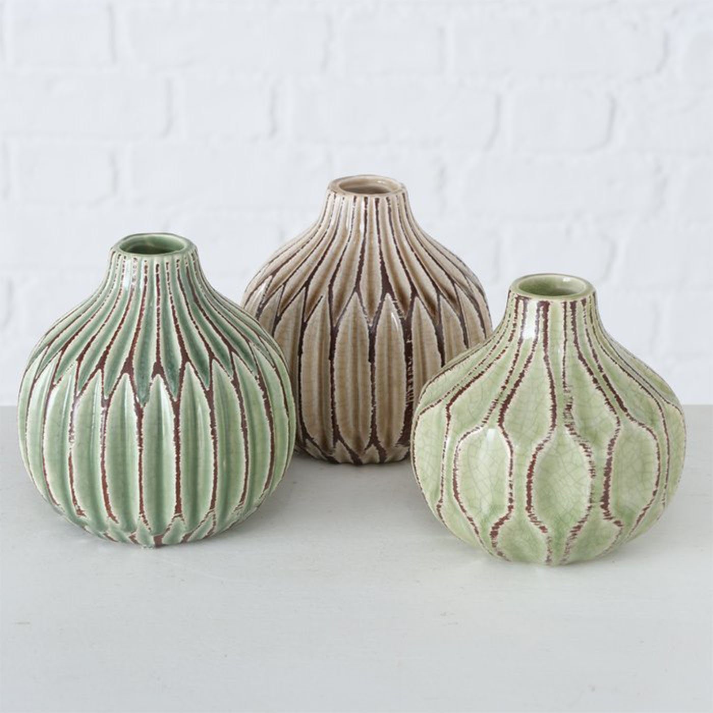 BOLTZE Dekovase Vase im 3er Set im Shabby Chic Look aus Keramik Blumenvase Grün