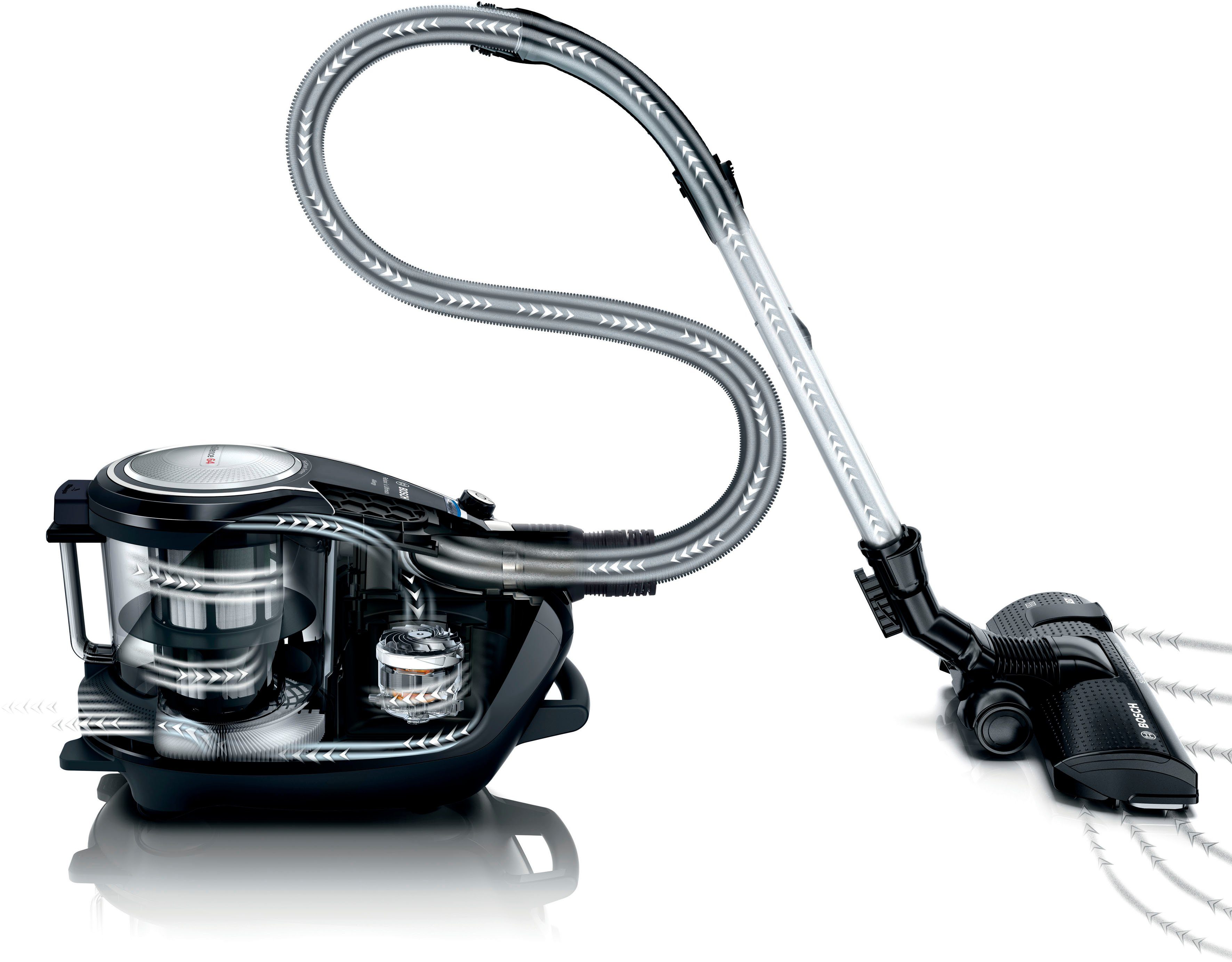 BOSCH Bodenstaubsauger Serie 8 ProSilence BGS7MS64, Hygiene-Filter, 10 Jahre Motorgarantie, 800 W, beutellos, Hartbodendüse, hohe Saugkraft, langes Kabel, extrem leise, schwarz