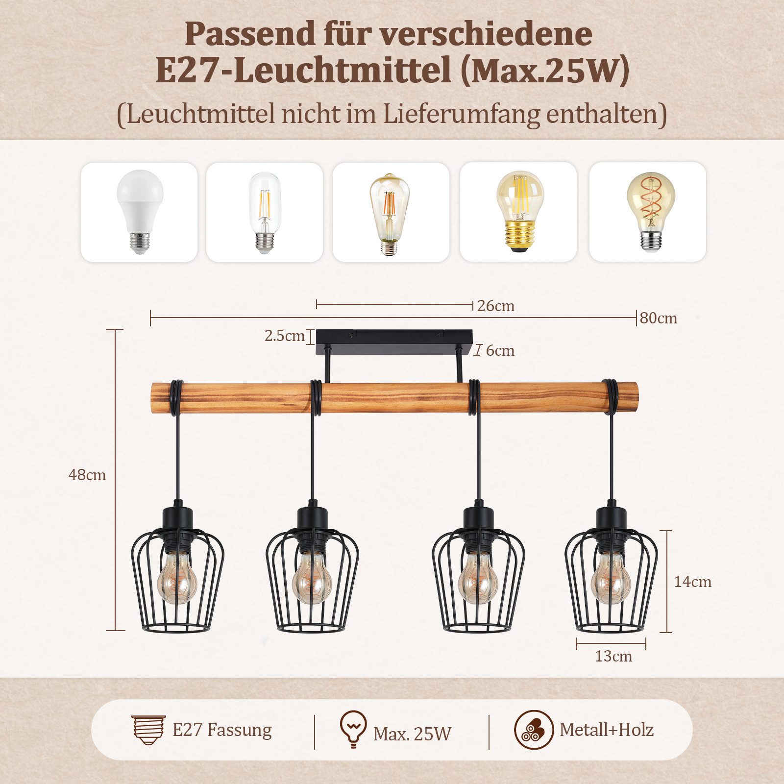 ZMH Deckenleuchte E27 Deckenlampe 2/3/4 Flammig Schwarz-Holz Wohnzimmer Esszimmer, ohne Leuchtmittel, Wohnzimmerlampe mit höhenverstellbaren Strahlern aus Metal – Bild 2 von 5