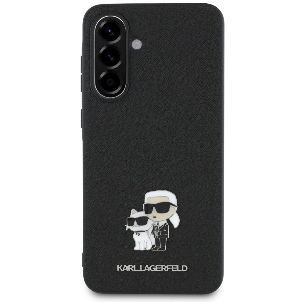 KARL LAGERFELD Handyhülle Galaxy A36 Kunstleder geriffelt schwarz Figuren Logo Metall 6,7 Zoll, Kantenschutz