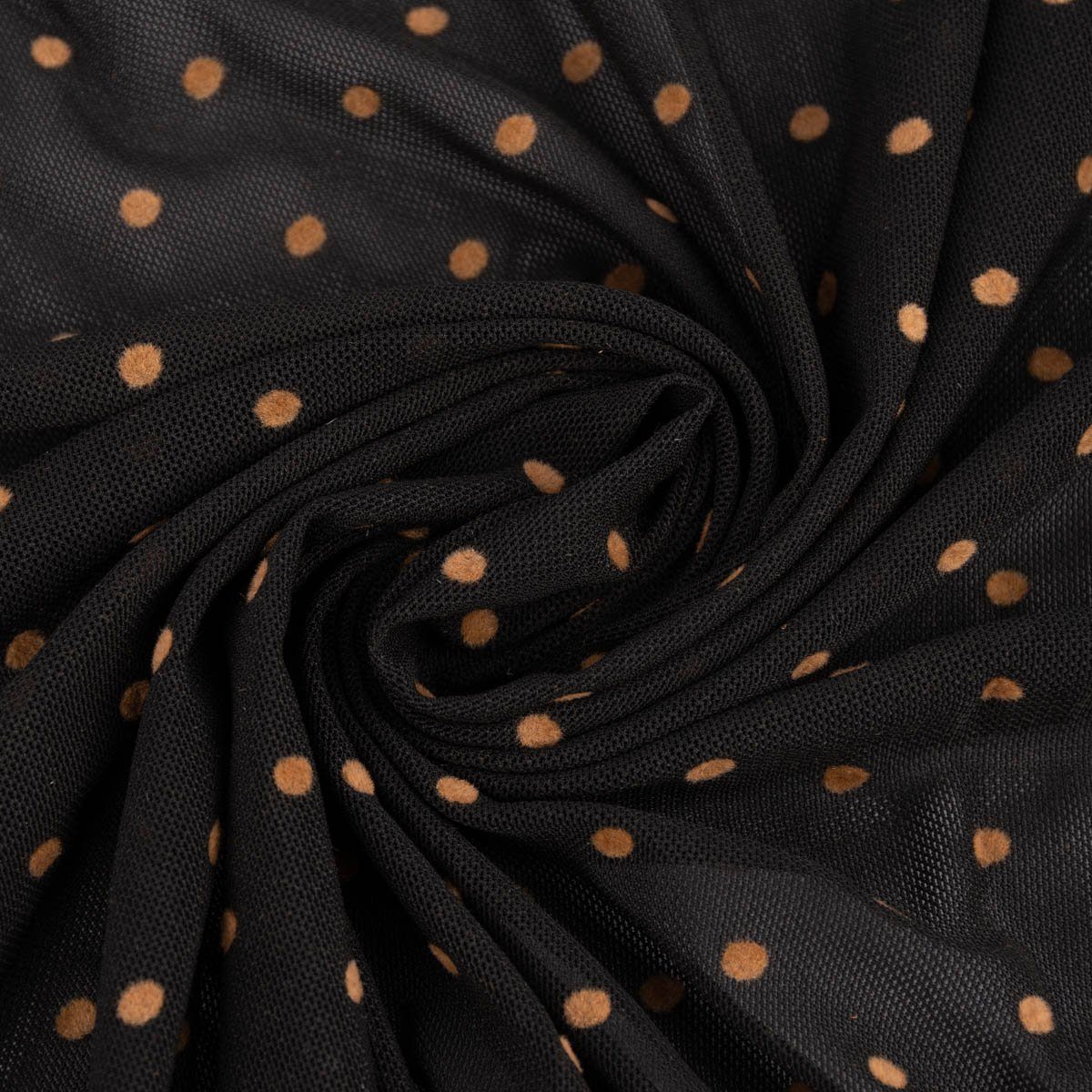 SCHÖNER LEBEN. Stoff Tüll Mesh Stretch extraweich mit Flock Punkte schwarz braun 1,4m, pflegeleicht
