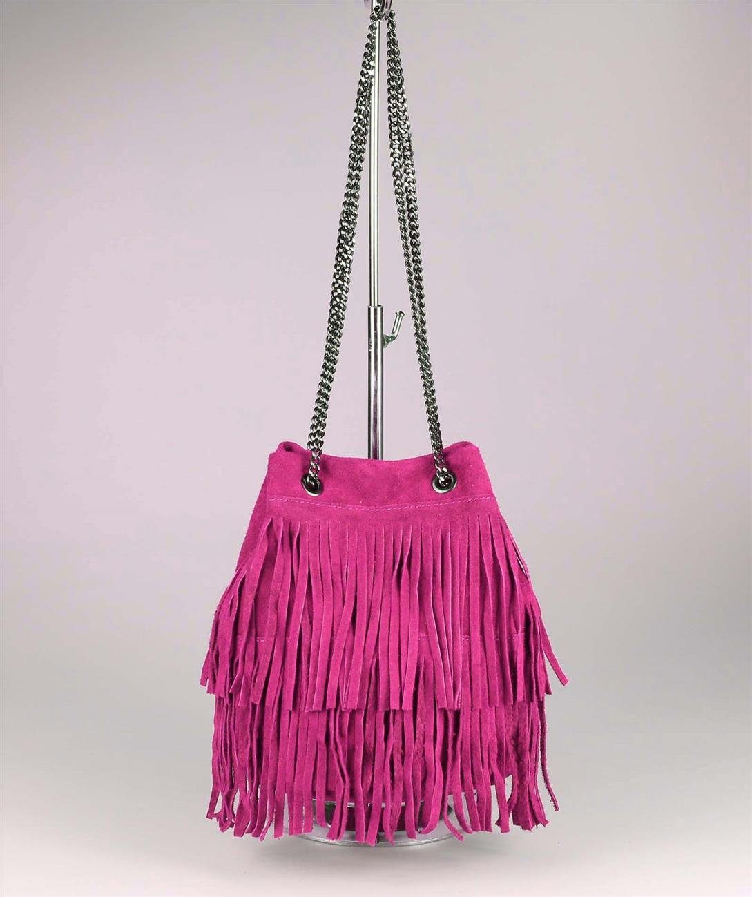 ITALYSHOP24 Schultertasche Made in Italy Damen Leder Tasche CrossOver, mit Fransen & Kette, als Shopper, Umhängetasche tragbar