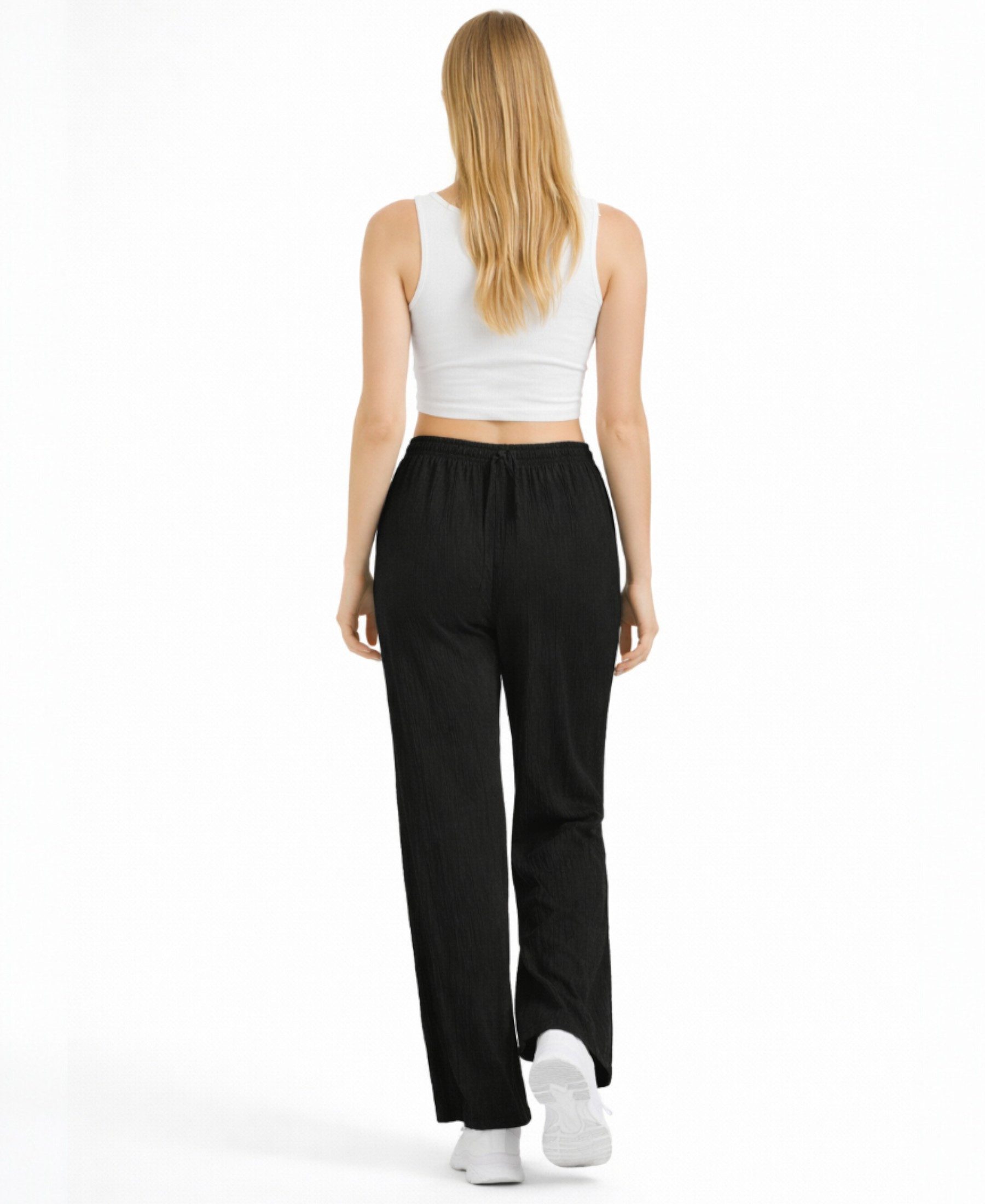 fashionshowcase Palazzohose Damen Crinkle Stoffhose elastischer Bund Tunnelzug weites Bein hoher Bund, elastischer Tunnelzug