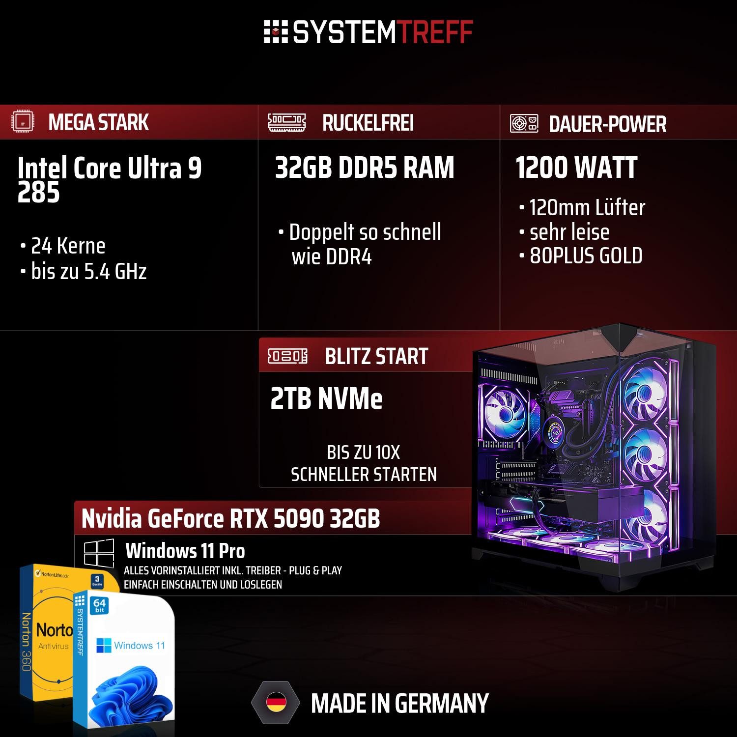 SYSTEMTREFF Intel Core Ultra 9 285 mit Nvidia GeForce RTX 5090 32GB Gaming-PC-Komplettsystem (27", Intel 285 285, Nvidia GeForce RTX 5090, 32 GB RAM, 2000 GB SSD)