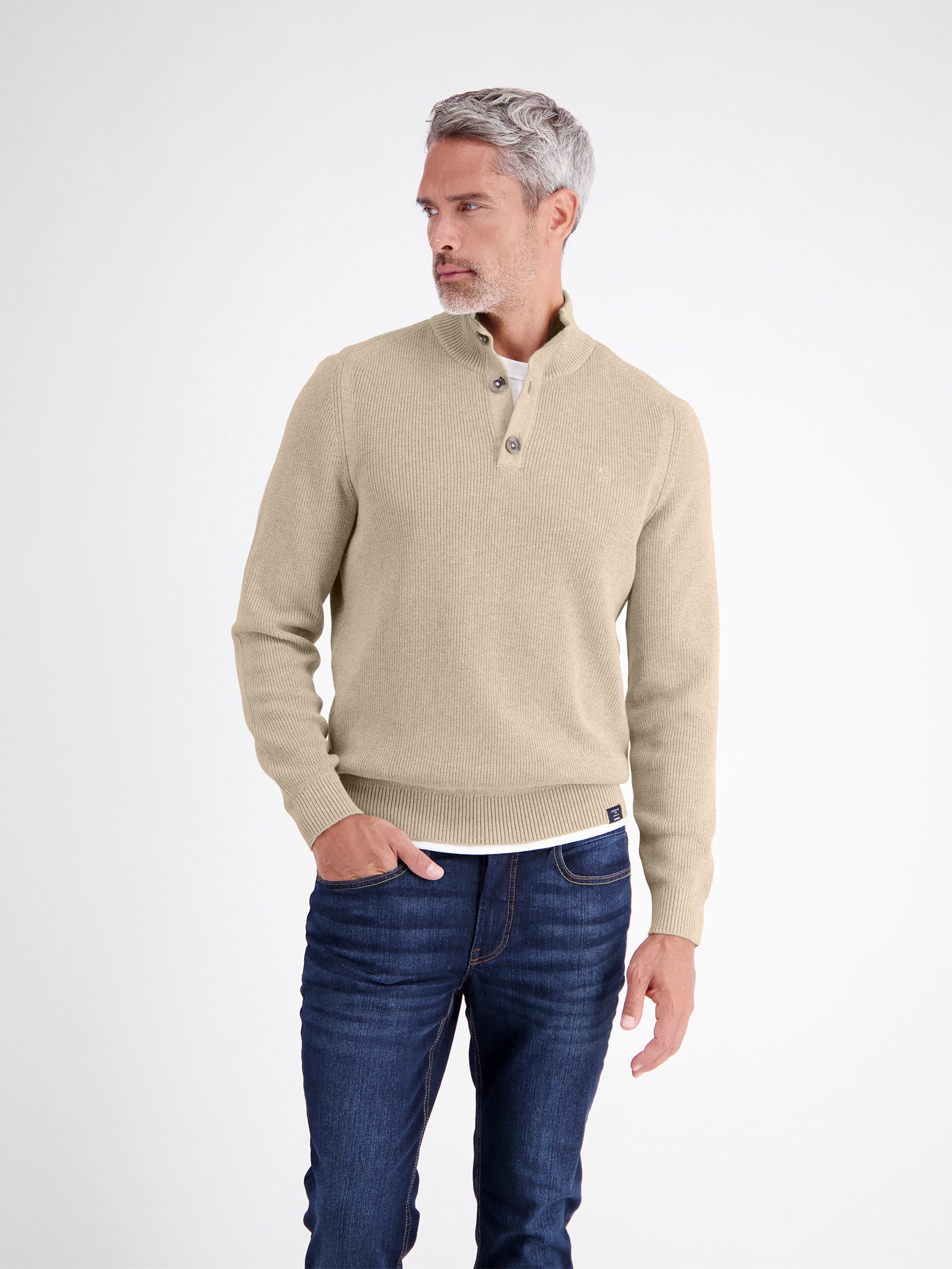 LERROS Strickpullover mit Troyerkragen und kurzer Knopfleiste