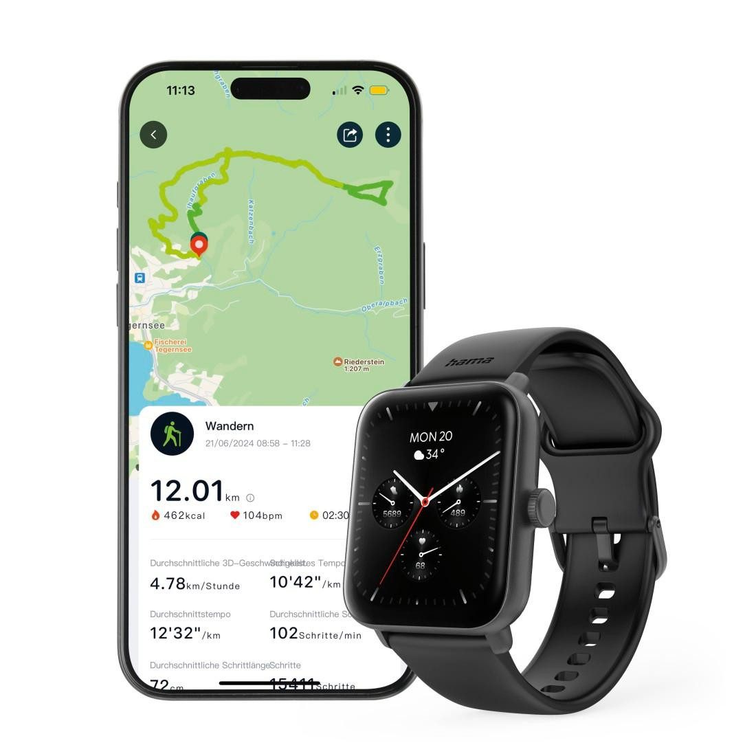 Hama Smartwatch 1,65“ mit GPS (Fitness, Telefonfunktion, Puls, wasserdicht) Smartwatch (1,65 Zoll)