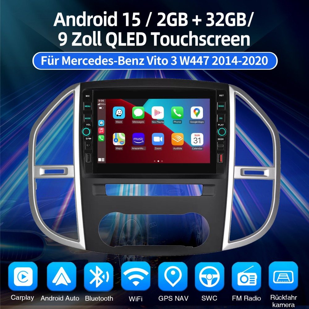 ESSGOO Für Mercedes Benz Vito W447 2014-2023 Android 15 USB Type-C Navigationsgerät (Carplay Android Auto Bluetooth FM AM RDS WIFI GPS Navigationsgerät)