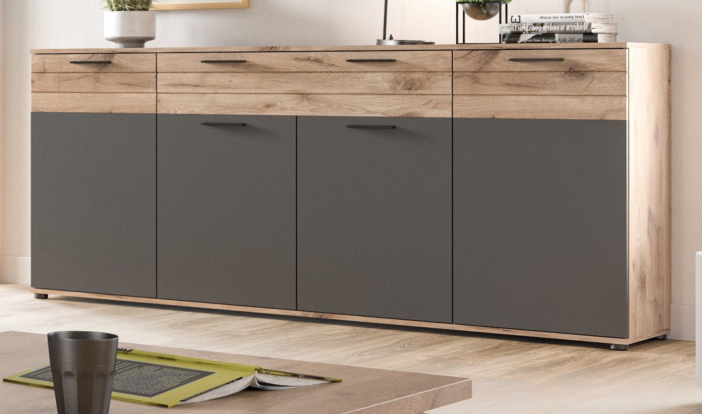 Inn.Furn Sideboard Tomaso (4-türige Kommode in Eiche und Basalt Grau, 200 x 81 cm), mit Soft-Close-Funktion