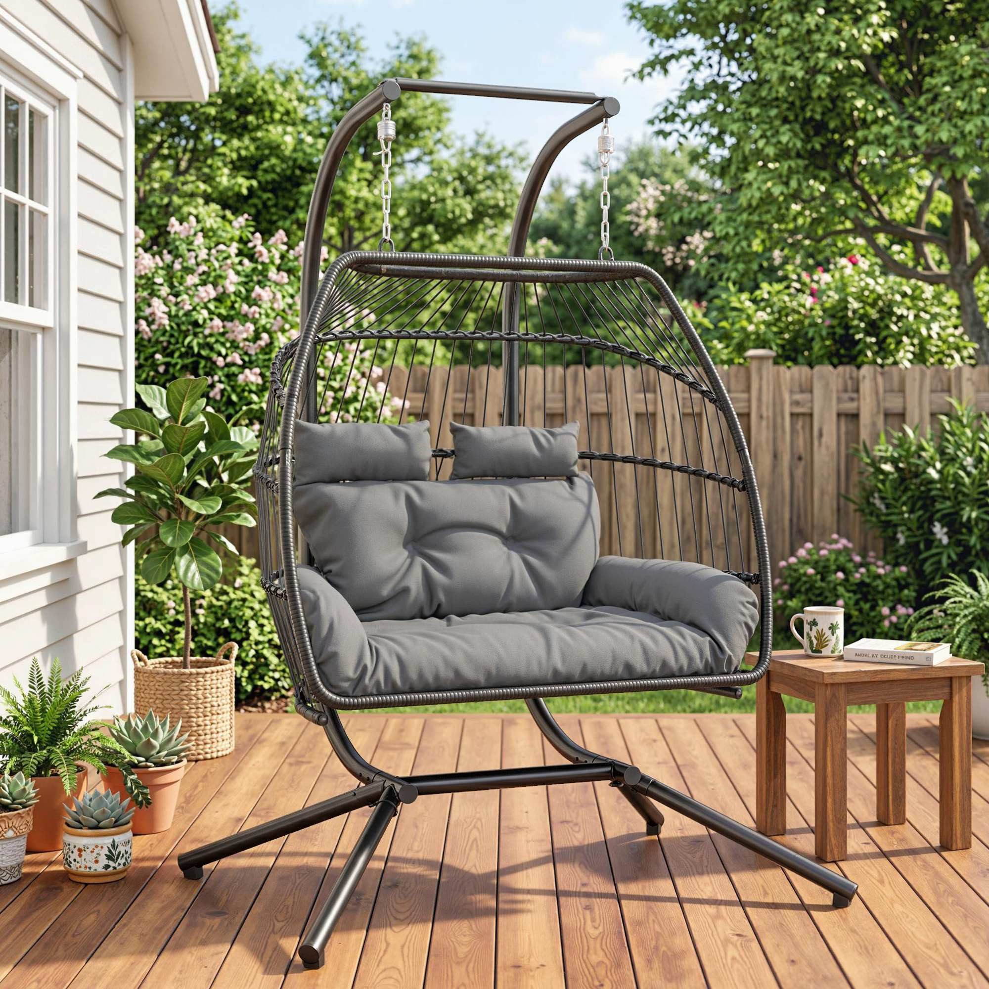 Outsunny Schaukelstuhl Hängekorb mit Kissen Polyrattan Ergonomisch Hängeschaukel (faltbar Hängesessel mit Gestell, 1 St), belastbar bis 260kg, für Balkon, Terrasse, Dunkelgrau