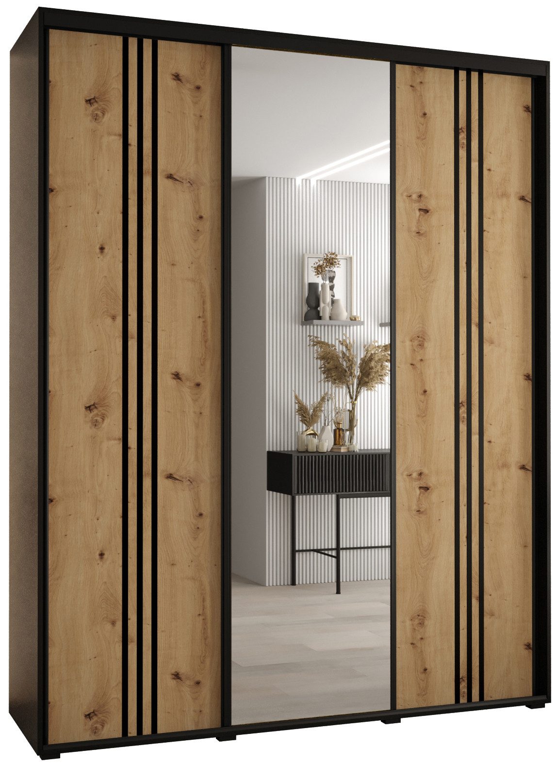 ABIKS MÖBEL Schwebetürenschrank Davos 7 Schlafzimmerschrank mit Spiegel, Kleiderstange und Regalen