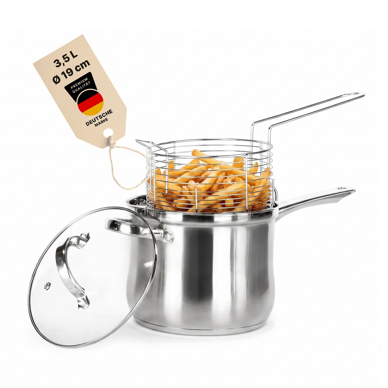 BIG-PAN Frittiertopf Pommestopf 3,5 L Edelstahl Fritteuse mit Frittierkorb und Glasdeckel, Edelstahl (Pommes-Frittierer Stielkasserolle, Kochtopf Universaltopf Kasserolle), Frittöse Topf für Pommes